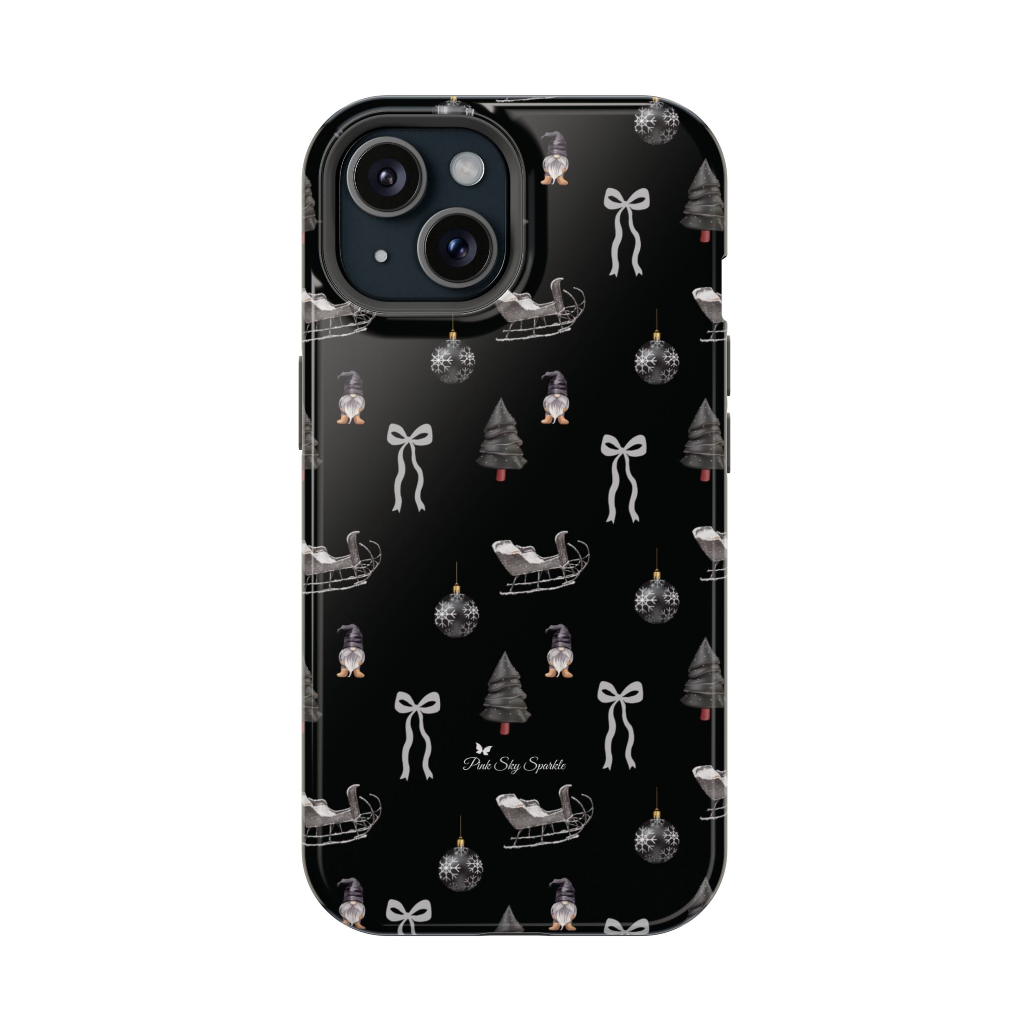 Sleek black iPhone case with silver Christmas sleigh, bows, and ornaments pattern