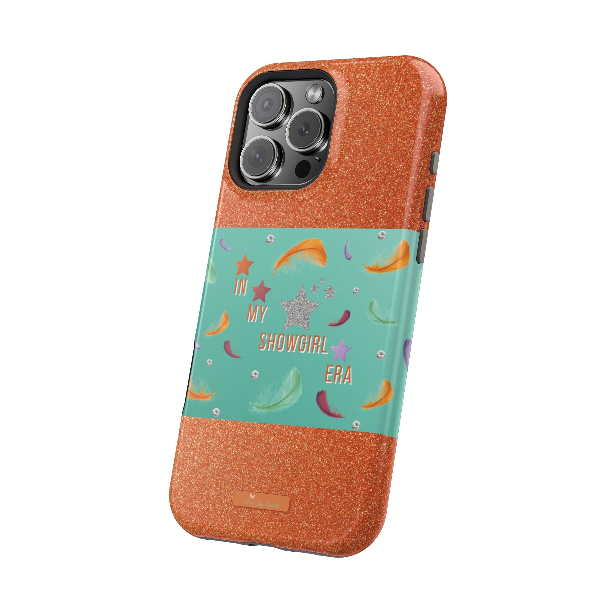 Taylor Swift Themed Phone Case with faux orange glitter and teal/mint green section the middle with feathers and diamonds and the word In my Showgirl Era.