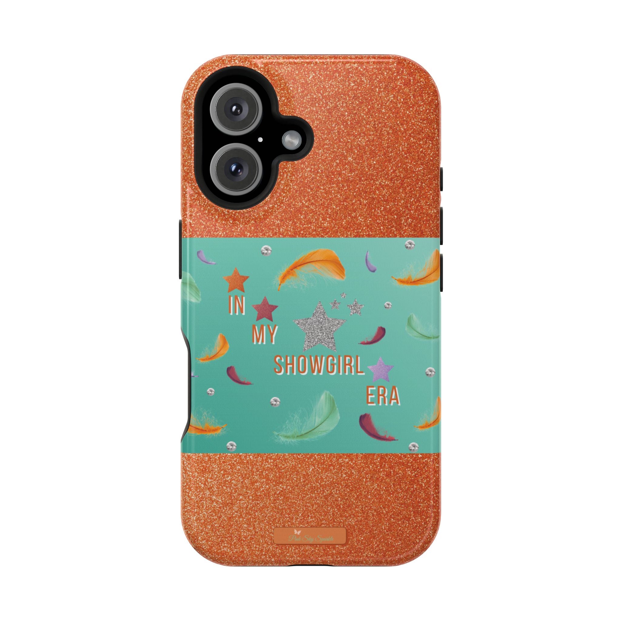 Taylor Swift Themed Phone Case with faux orange glitter and teal/mint green section the middle with feathers and diamonds and the word In my Showgirl Era.