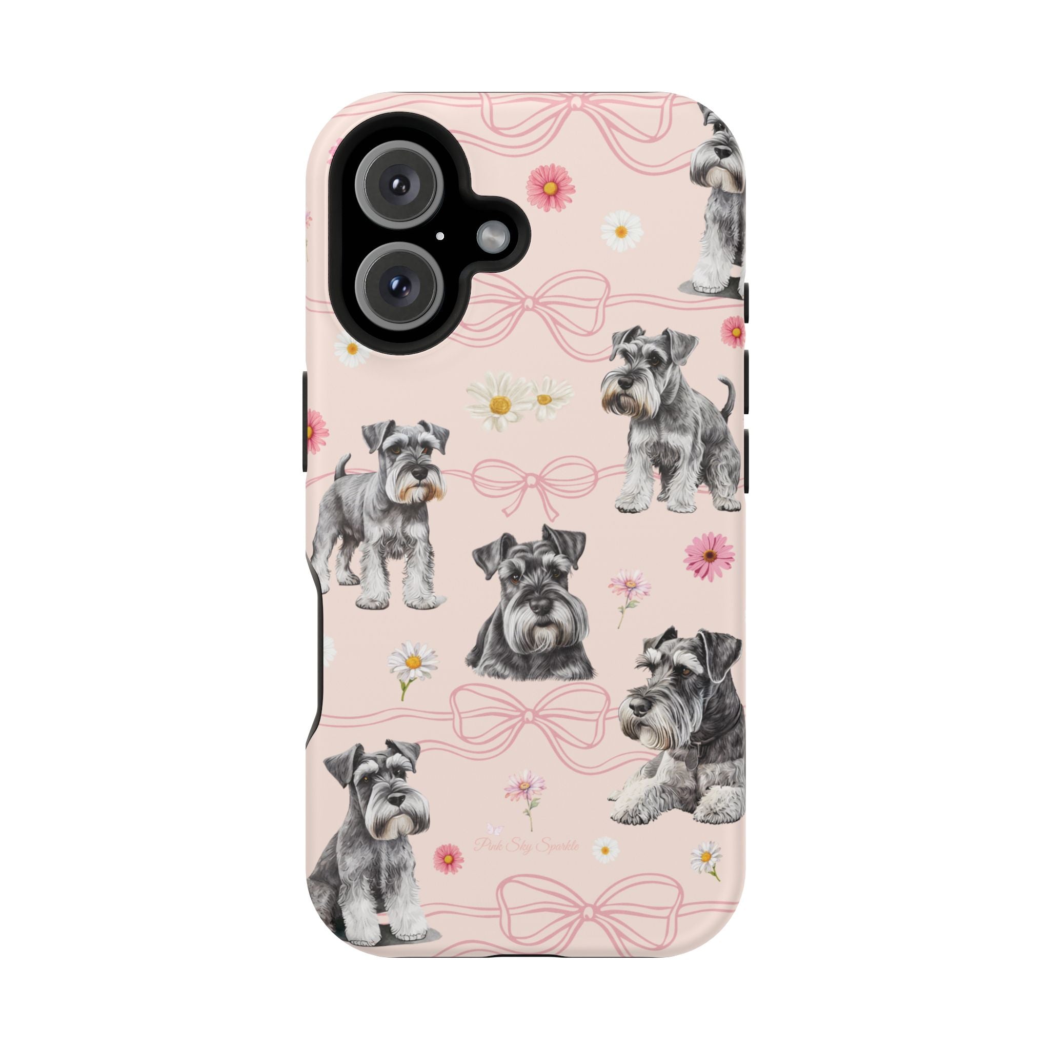 Daisy Dog Magnetic iPhone Case featuring Schnauzer and pink floral pattern.