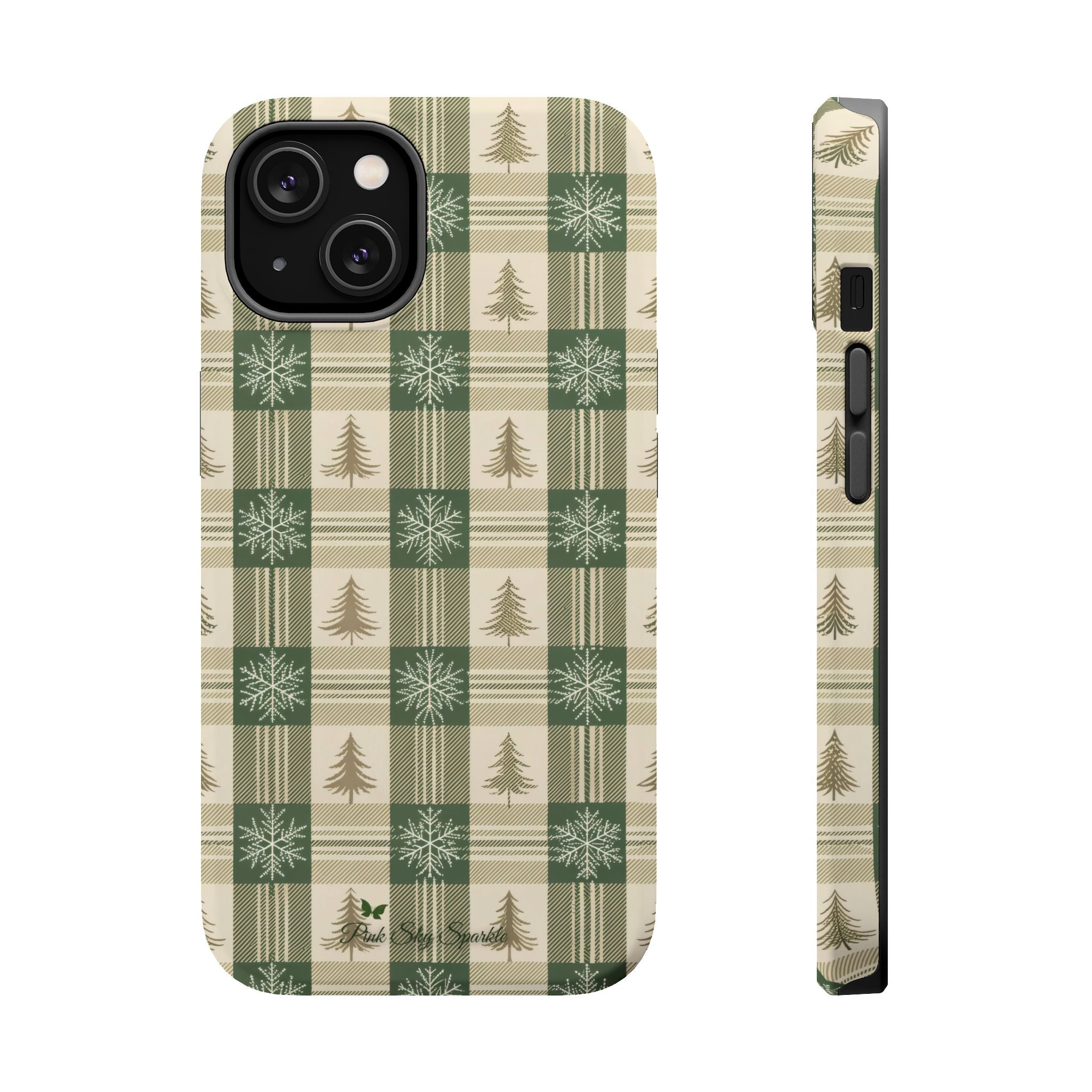 Winter Forest Magnetic iPhone Case – Green Plaid Snowflake Pattern