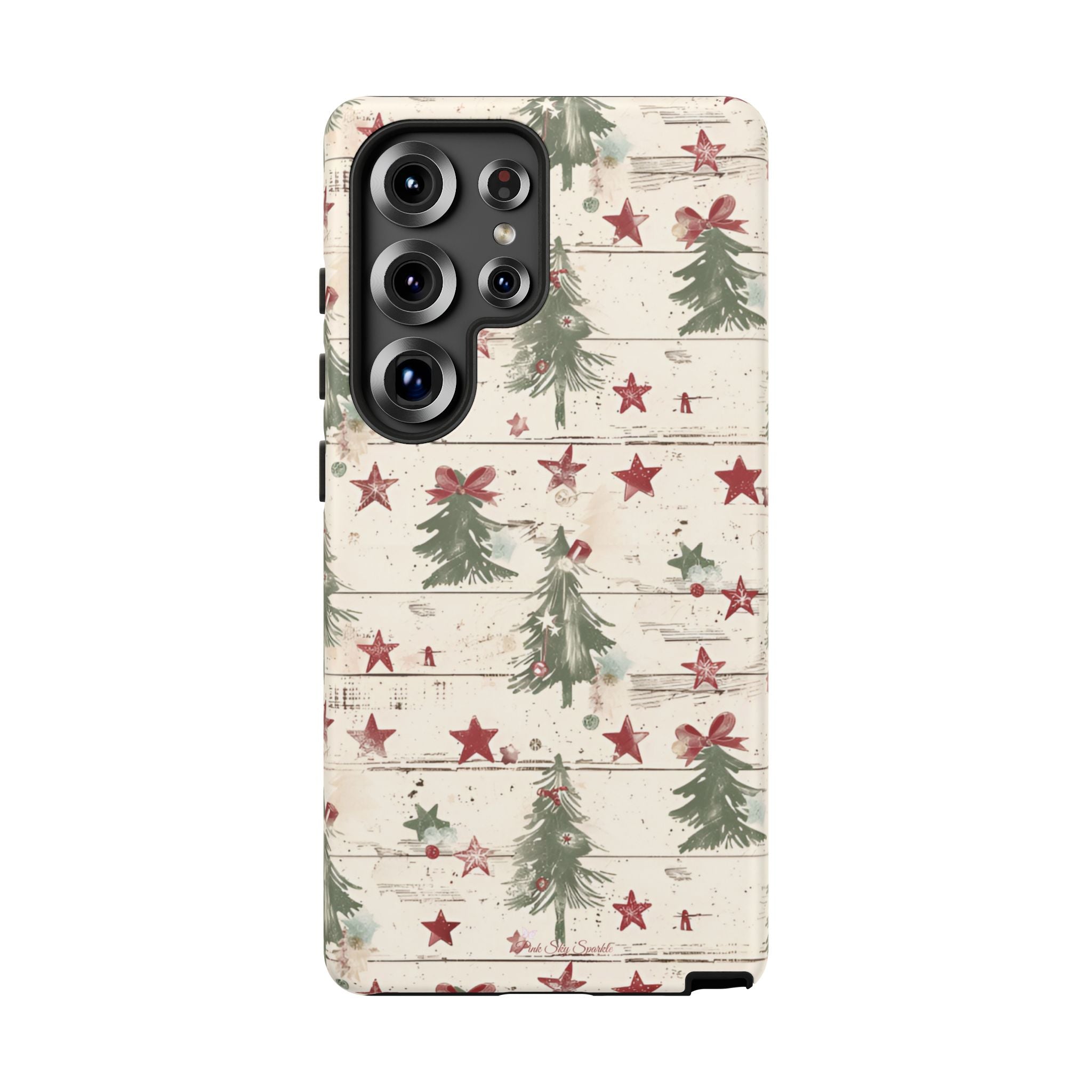 Phone case with Christmas tree and star pattern on a wooden background