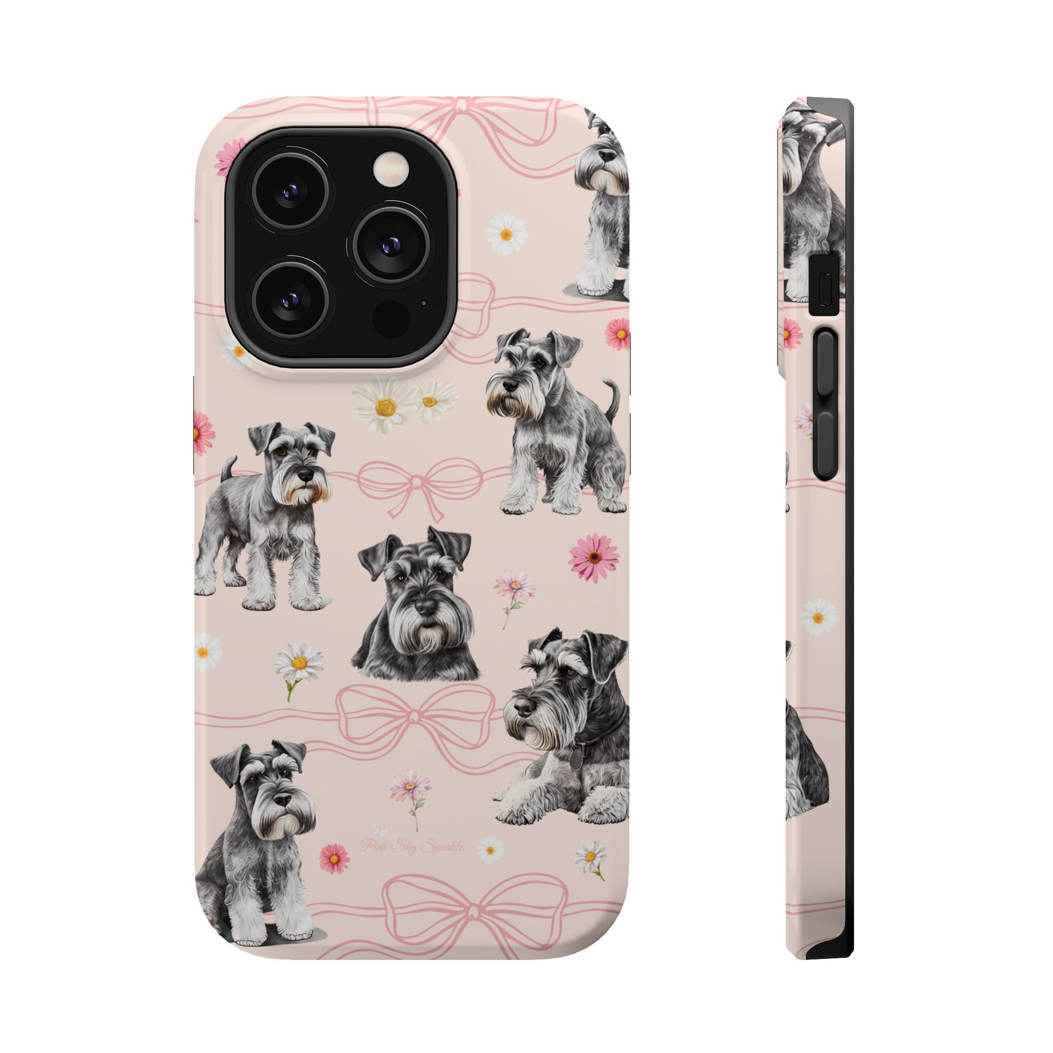 Daisy Dog Magnetic iPhone Case featuring Schnauzer and pink floral pattern.