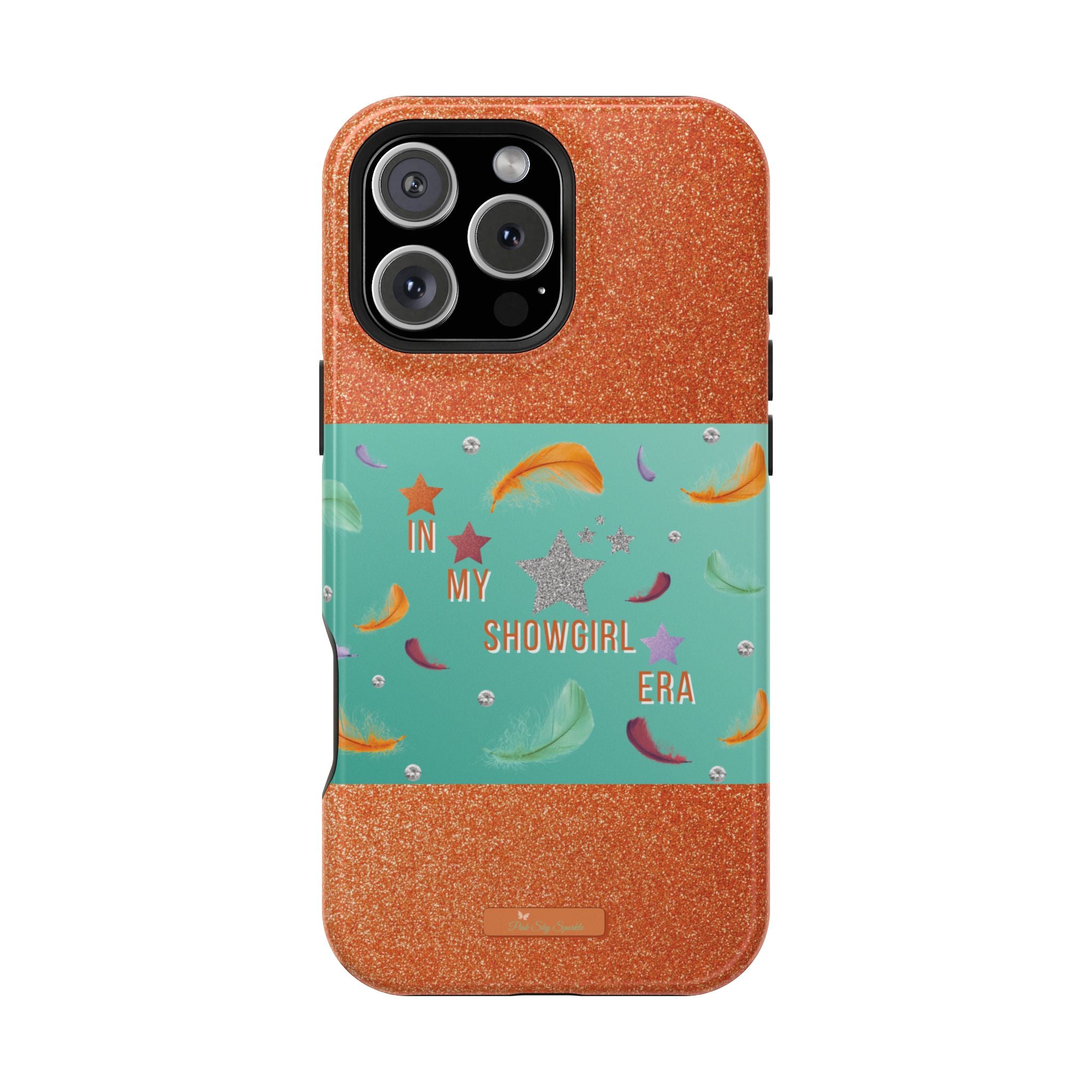 Taylor Swift Themed Phone Case with faux orange glitter and teal/mint green section the middle with feathers and diamonds and the word In my Showgirl Era.