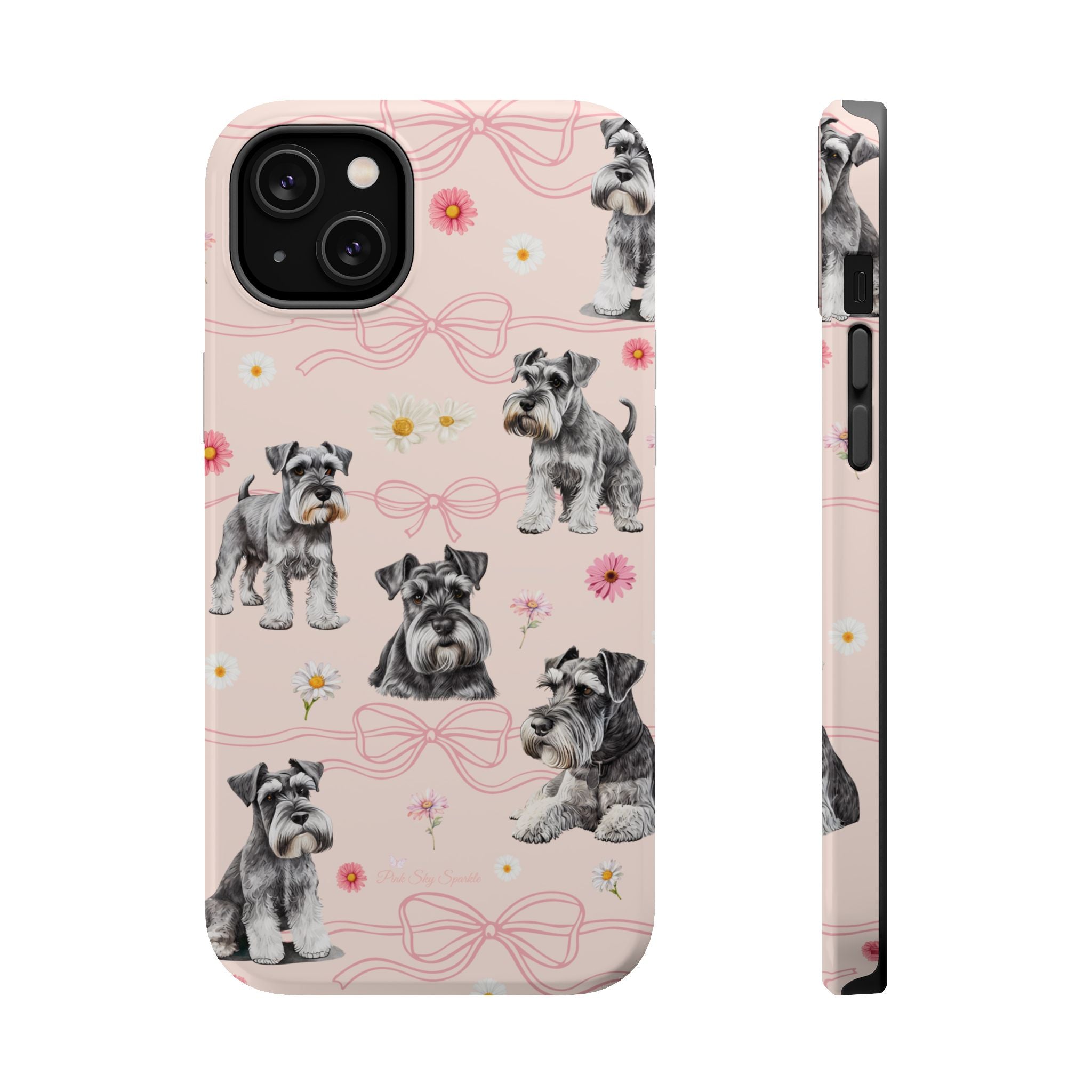 Daisy Dog Magnetic iPhone Case featuring Schnauzer and pink floral pattern.
