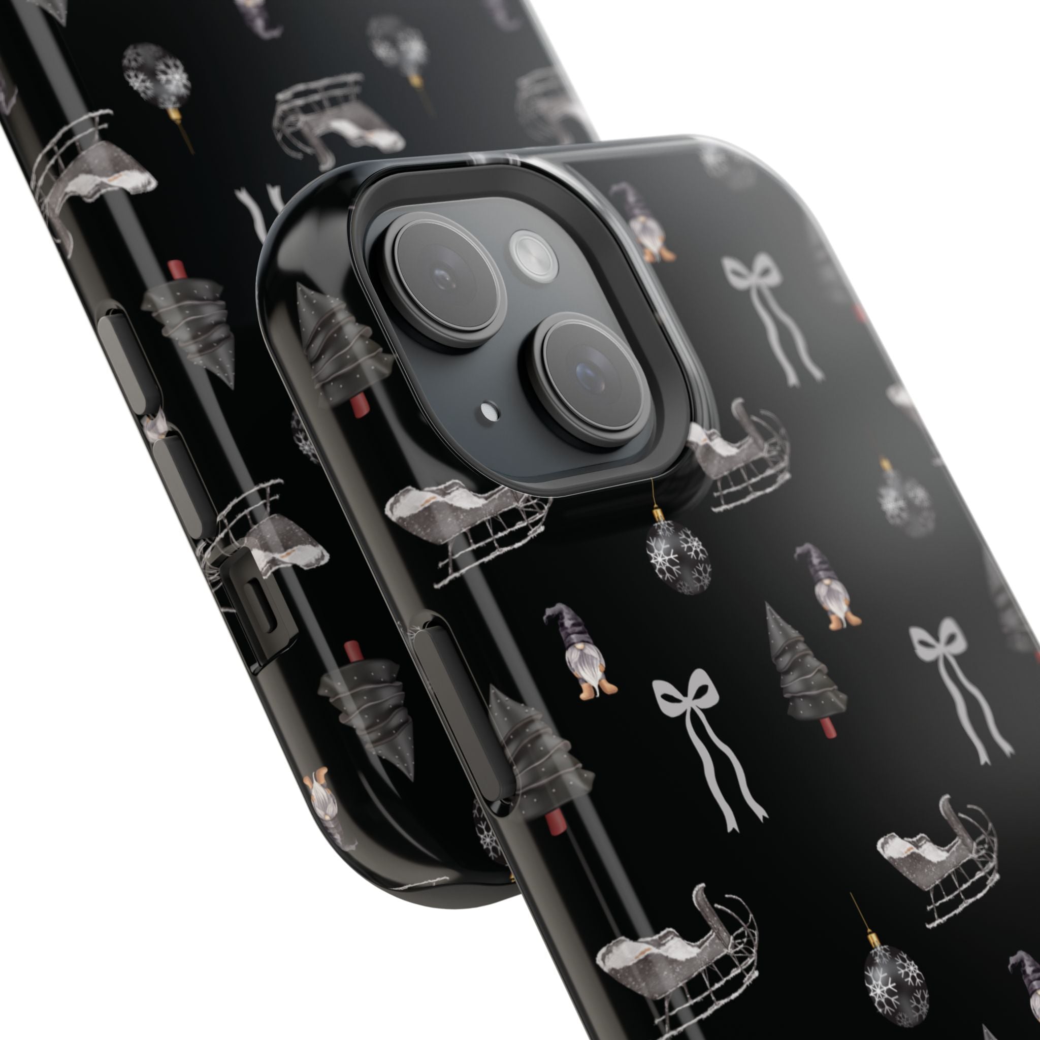 Elegant Christmas iPhone cover featuring silver bows, trees, and sleighs