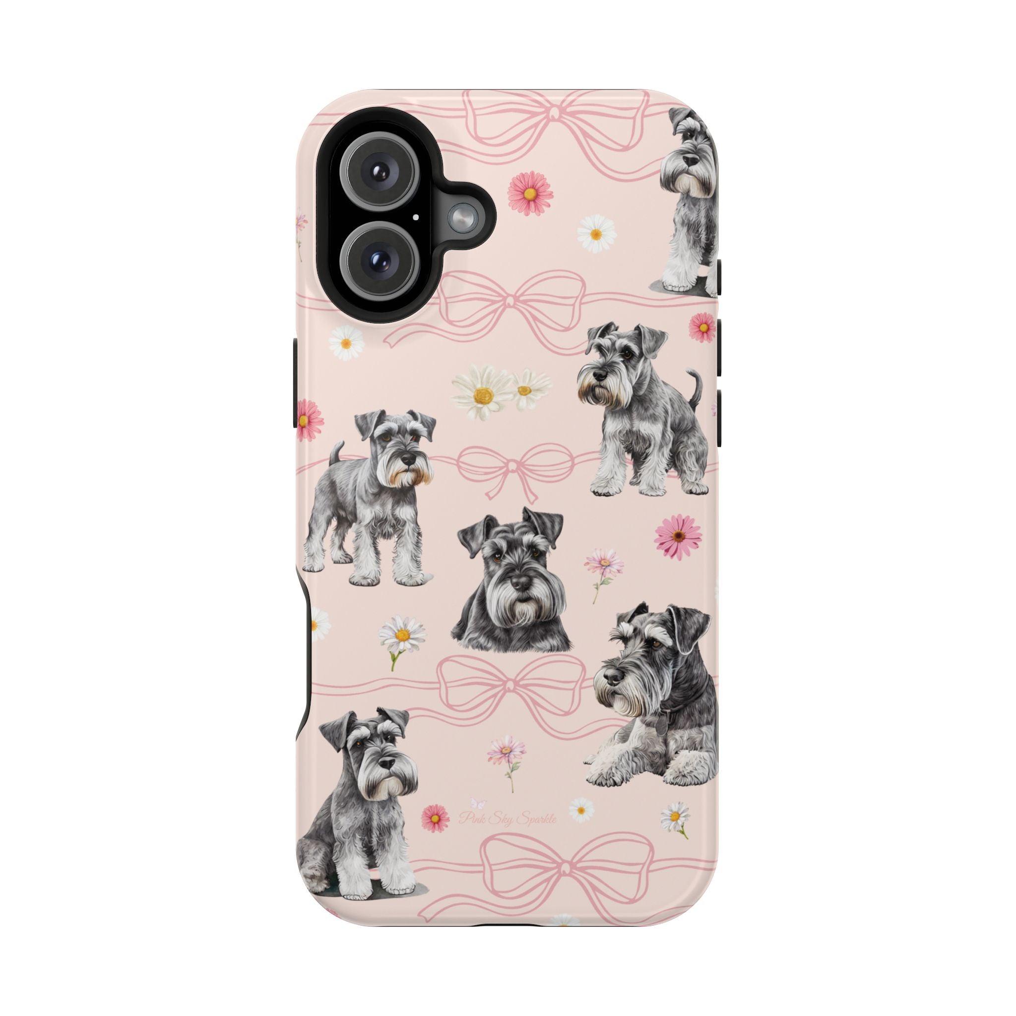 Daisy Dog Magnetic iPhone Case featuring Schnauzer and pink floral pattern.