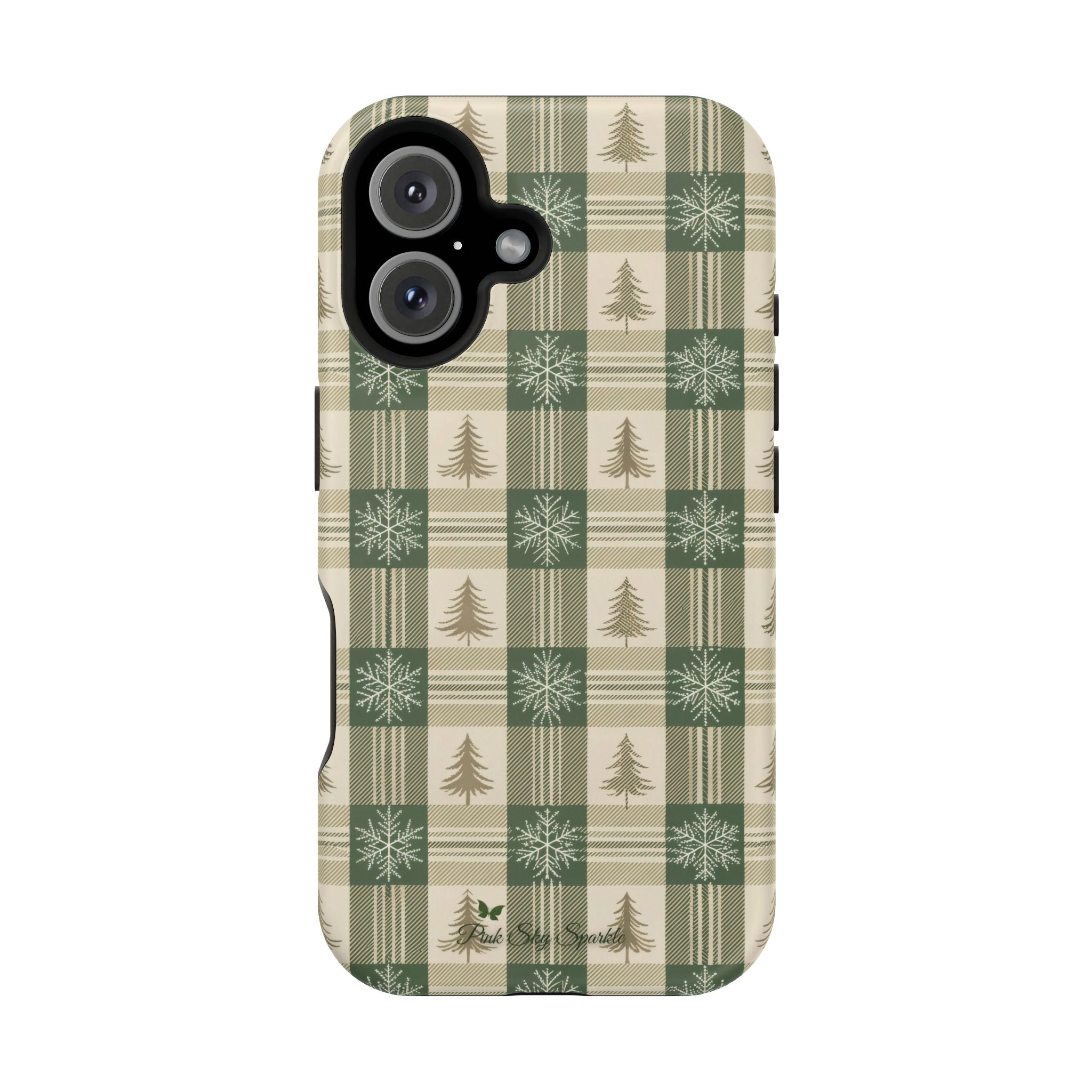 Winter Forest Magnetic iPhone Case – Green Plaid Snowflake Pattern
