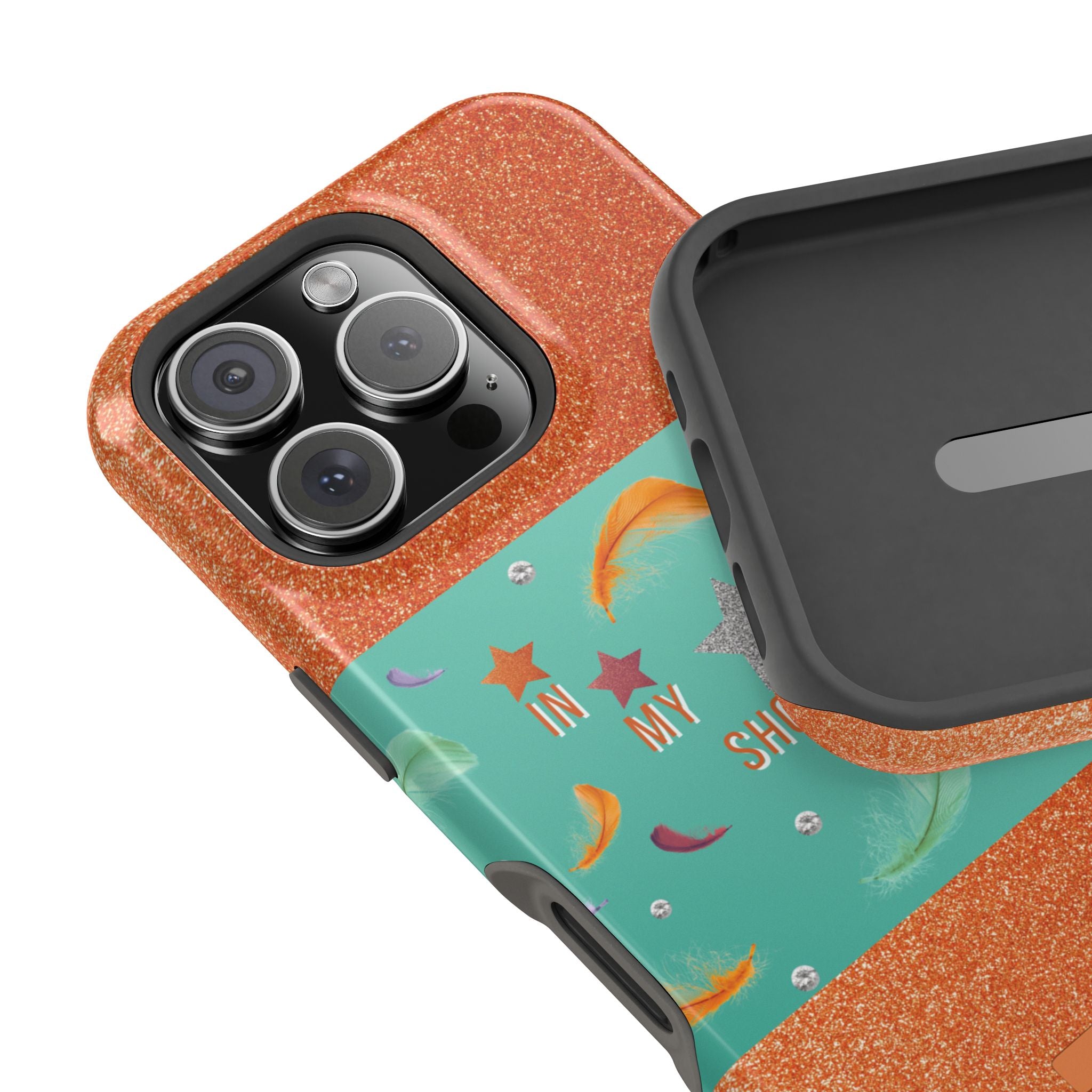 Taylor Swift Themed Phone Case with faux orange glitter and teal/mint green section the middle with feathers and diamonds and the word In my Showgirl Era.