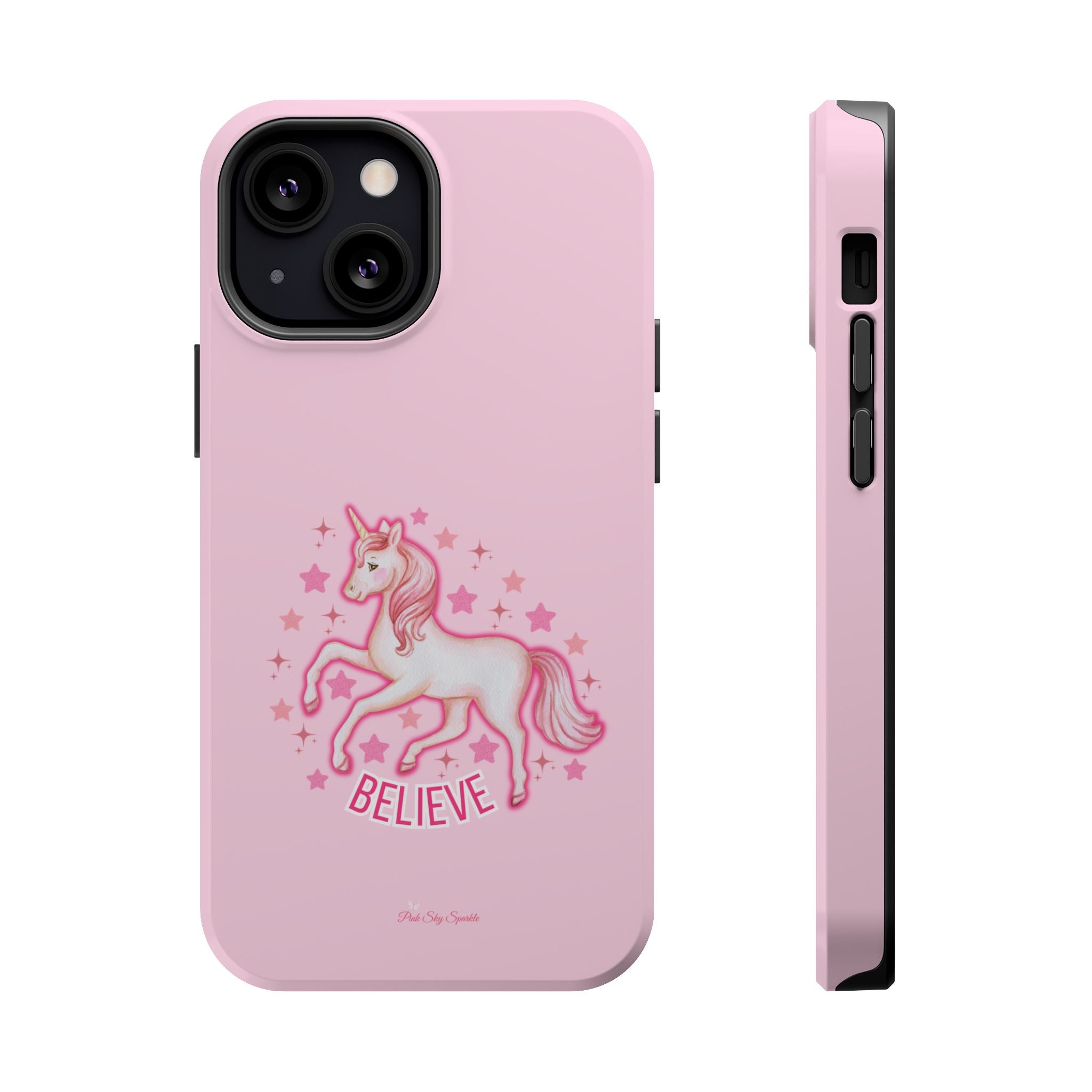 Pink phone case with a unicorn and 'Believe' text on a white background