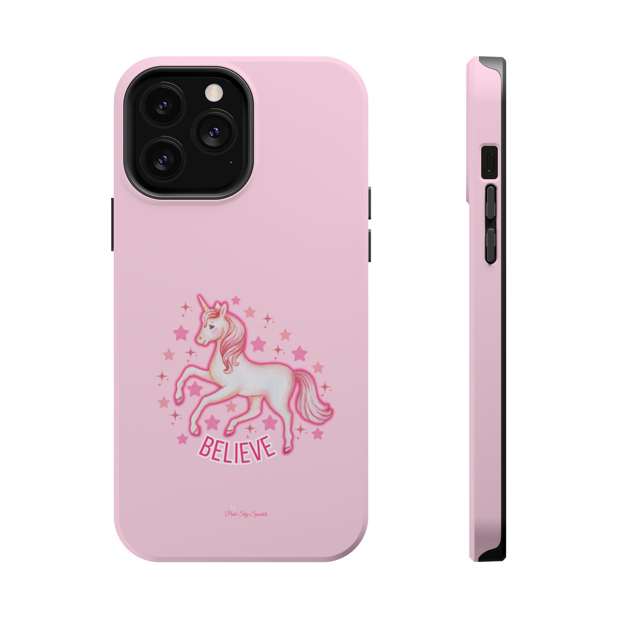 Pink phone case with a unicorn and 'BELIEVE' text on a white background