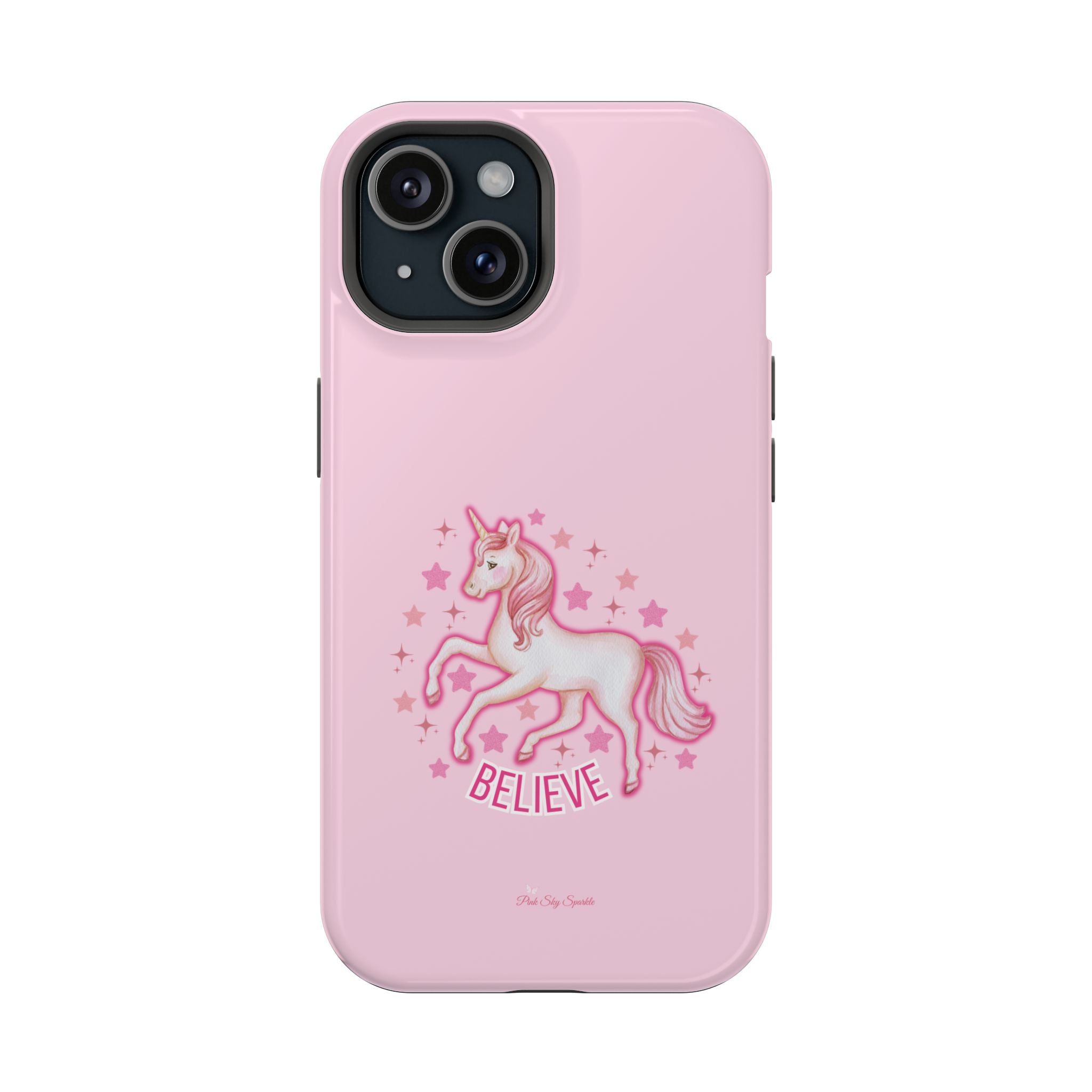Pink phone case with a unicorn design and 'BELIEVE' text on a white background