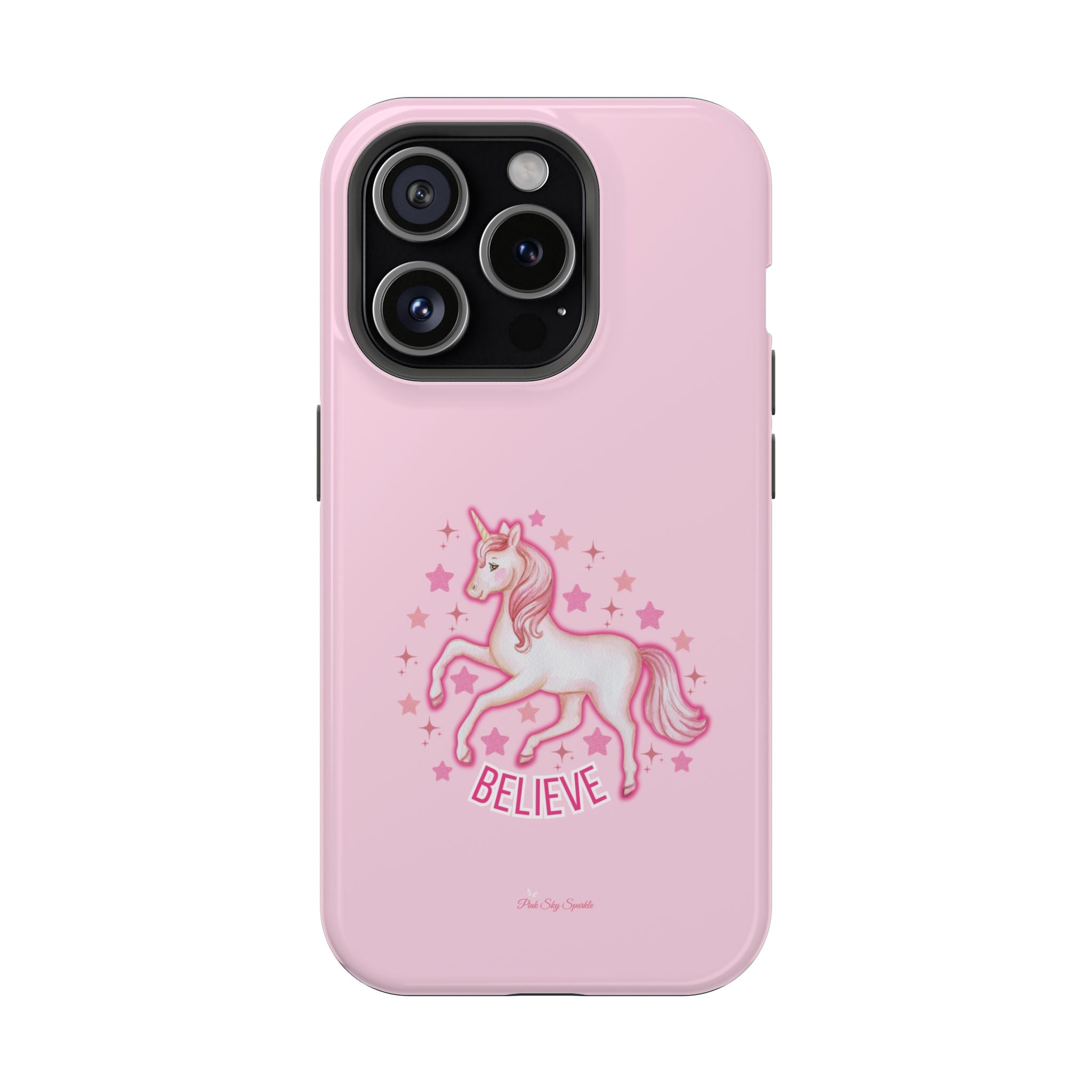Pink phone case with a unicorn and 'BELIEVE' text on a white background