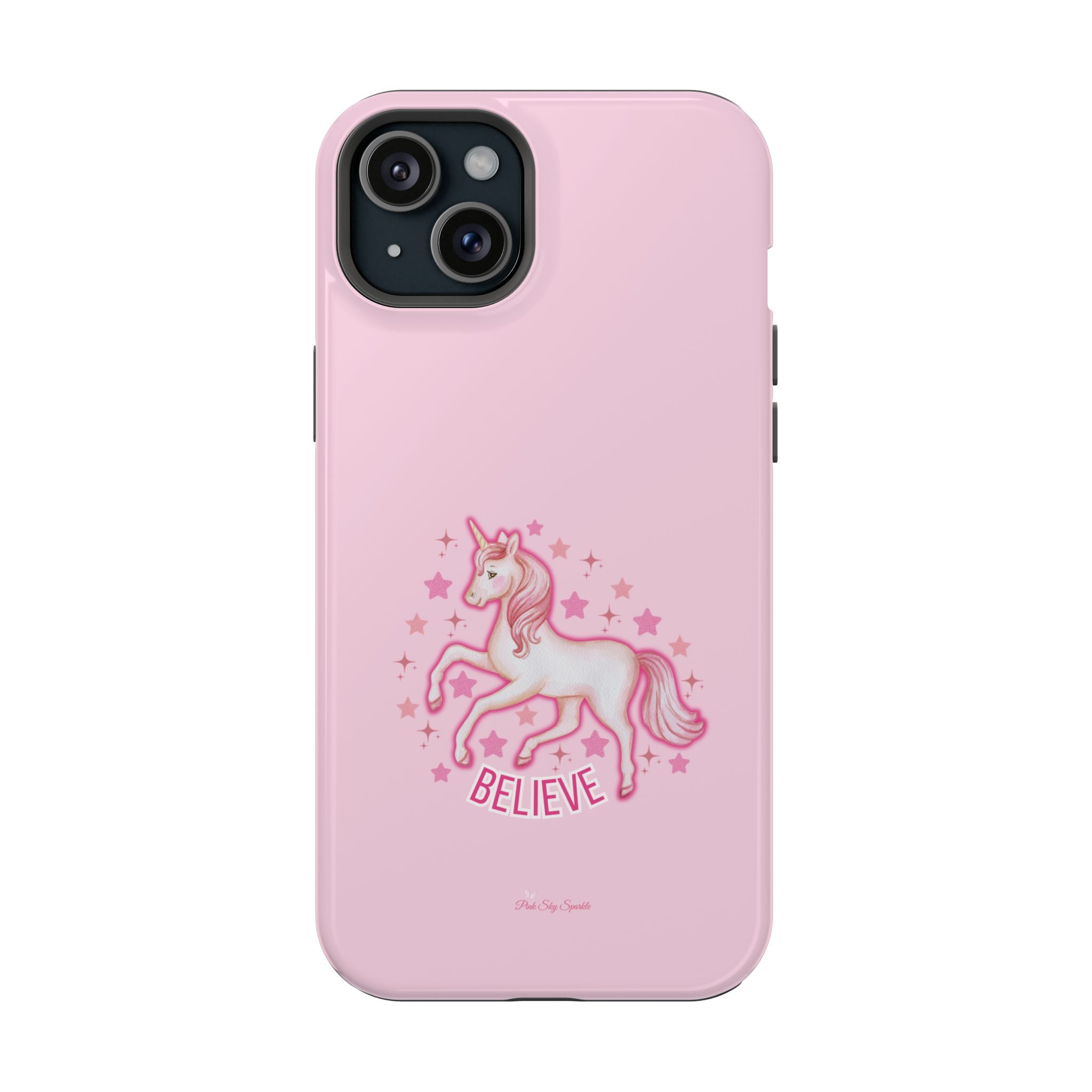 Pink phone case with a unicorn design and 'BELIEVE' text on a white background