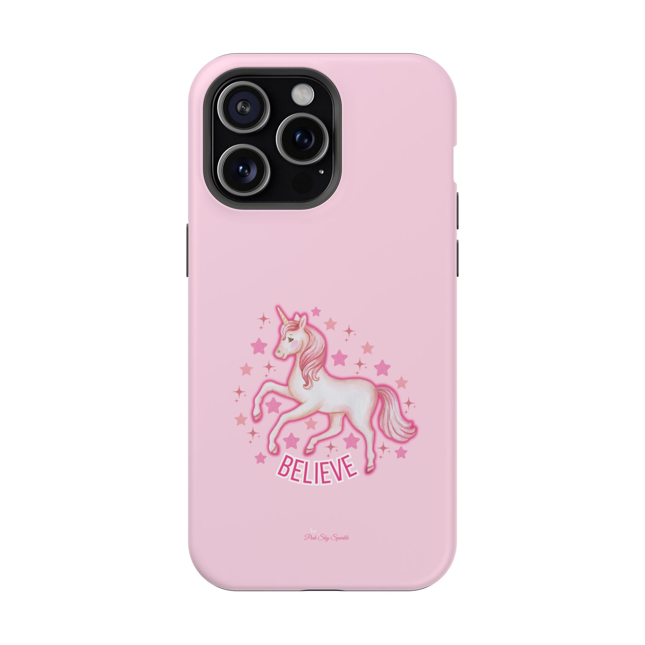 Pink phone case with a unicorn and 'BELIEVE' text on a white background