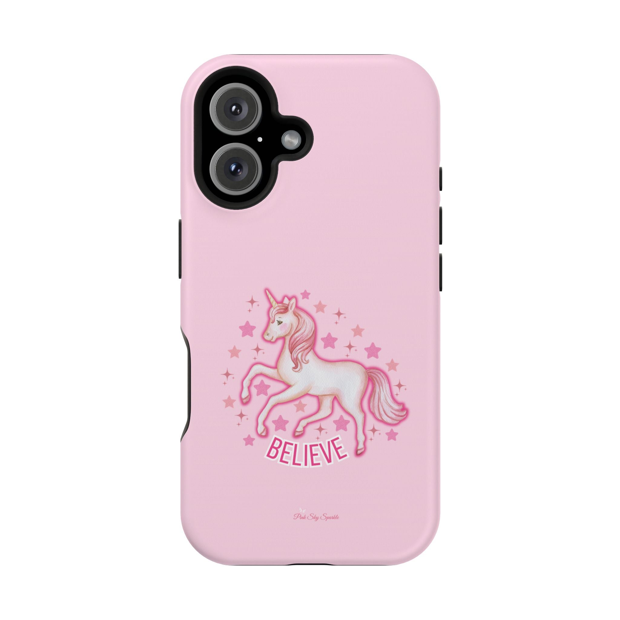 Pink phone case with a unicorn and 'BELIEVE' text on a white background