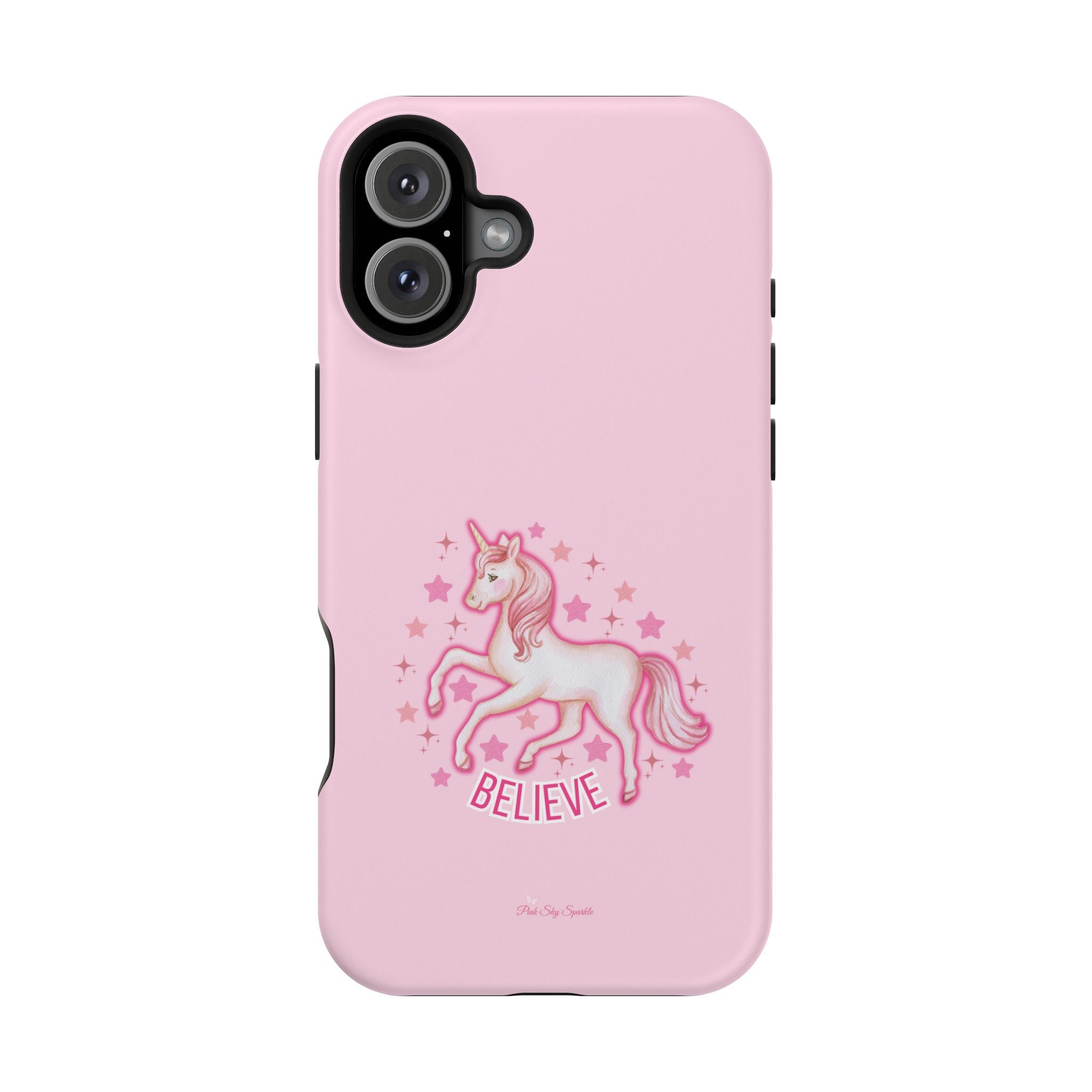 Pink phone case with a unicorn and 'BELIEVE' text on a white background