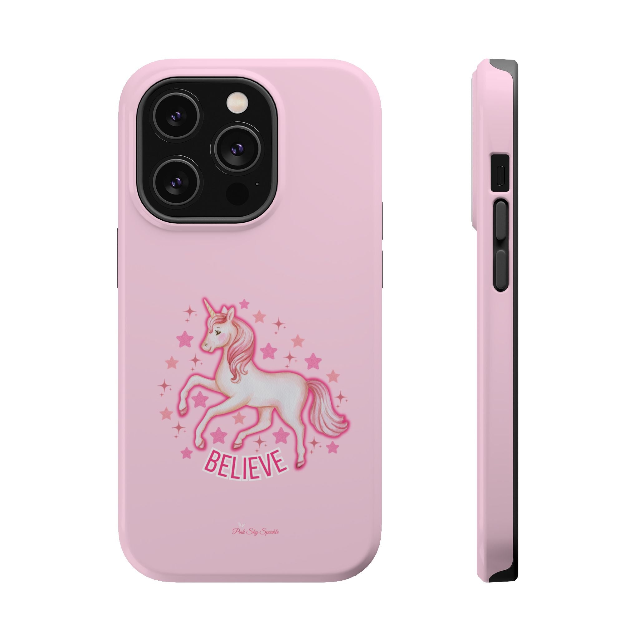 Pink phone case with a unicorn design and 'Believe' text on a white background
