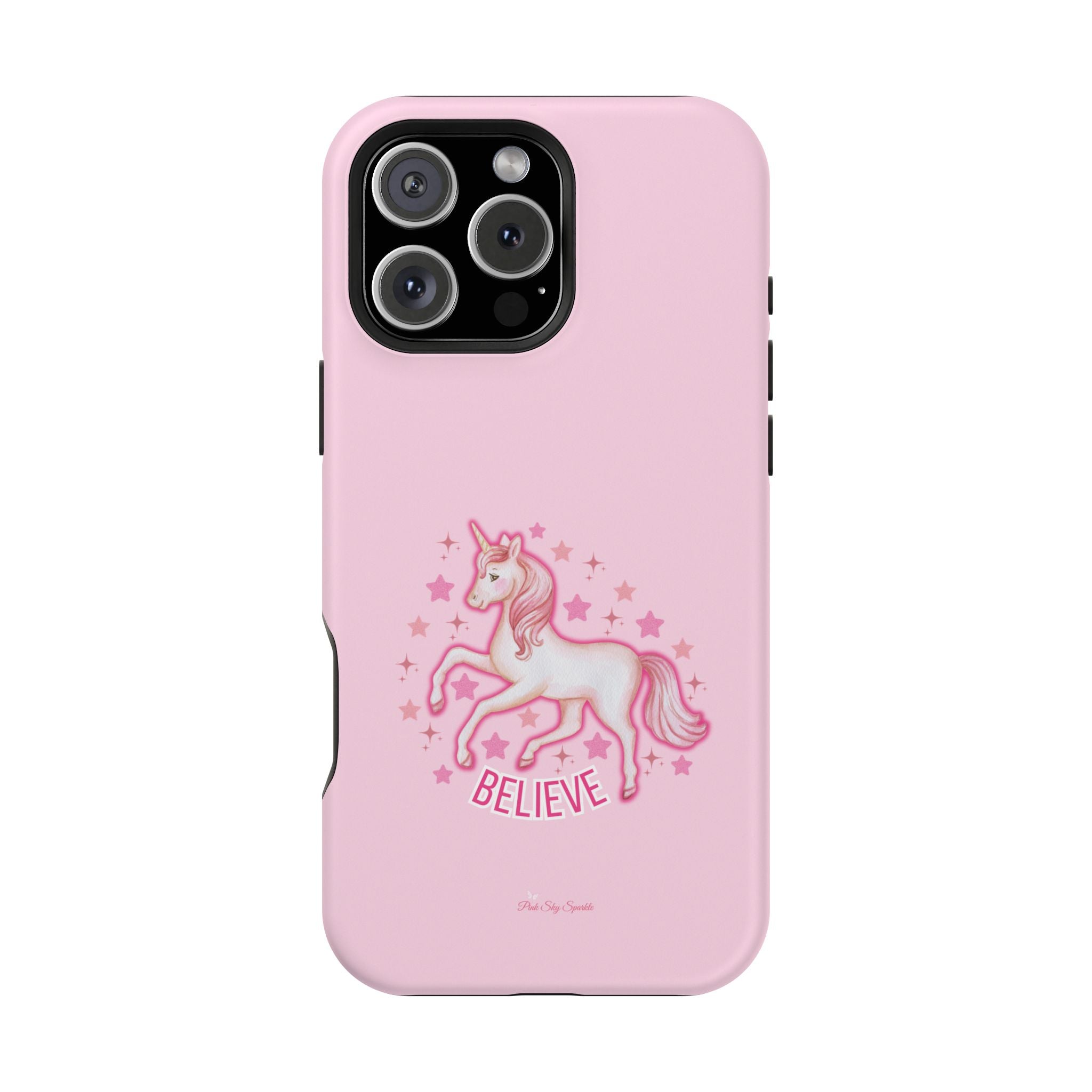 Pink phone case with a unicorn and 'BELIEVE' text on a white background