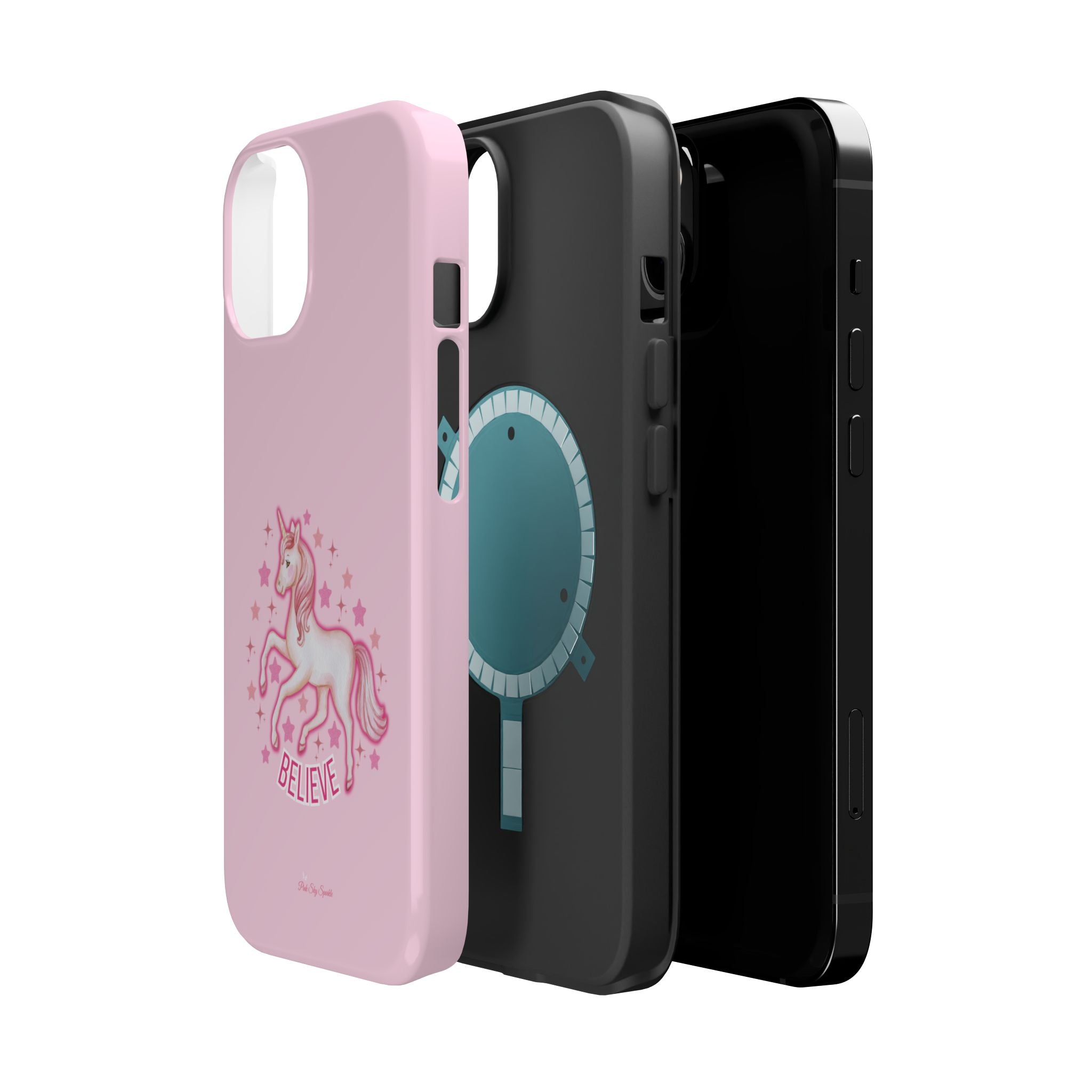 Three phone cases, one pink with a unicorn design, one black with a blue circle design, and one black case.