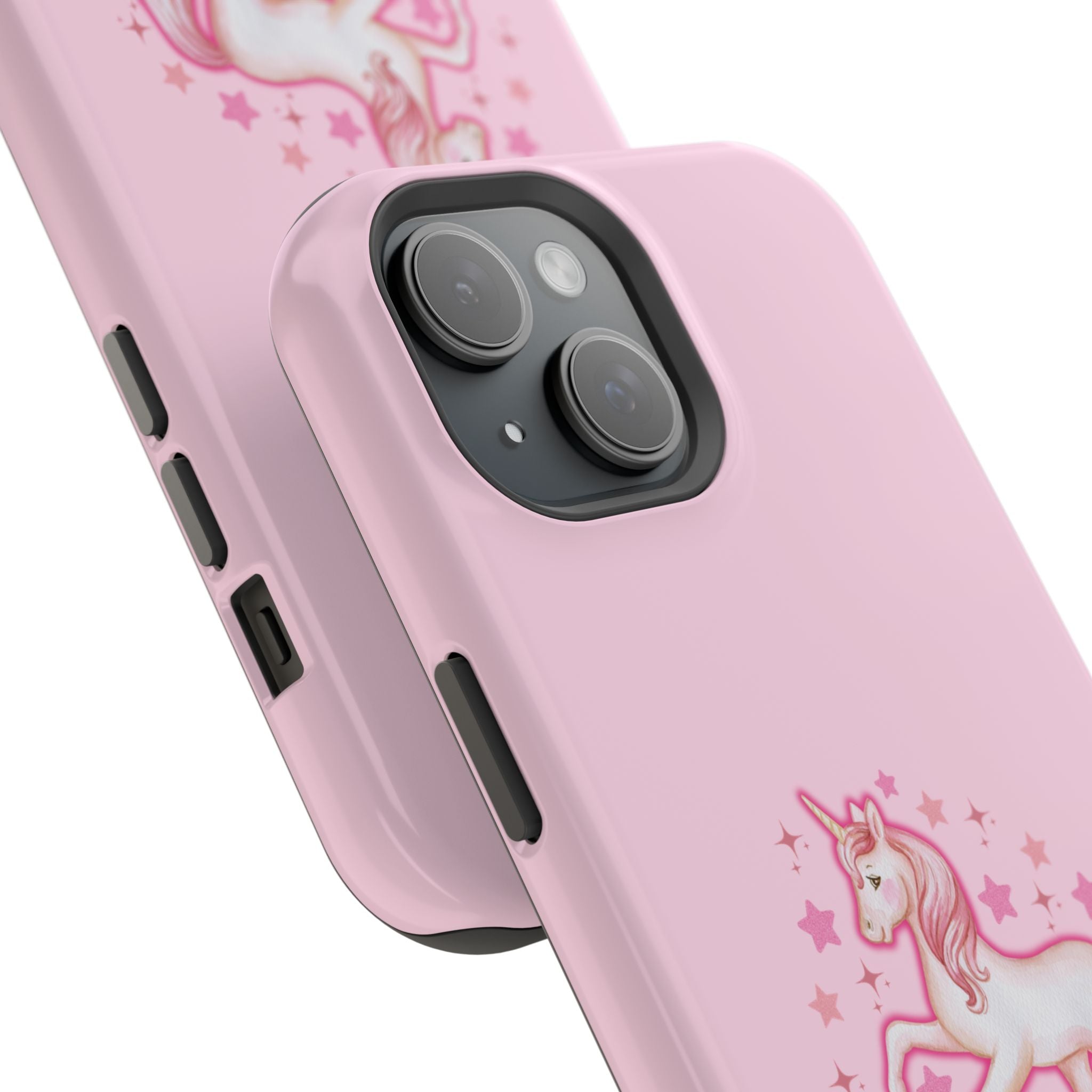 Pink phone case with unicorn design on a white background