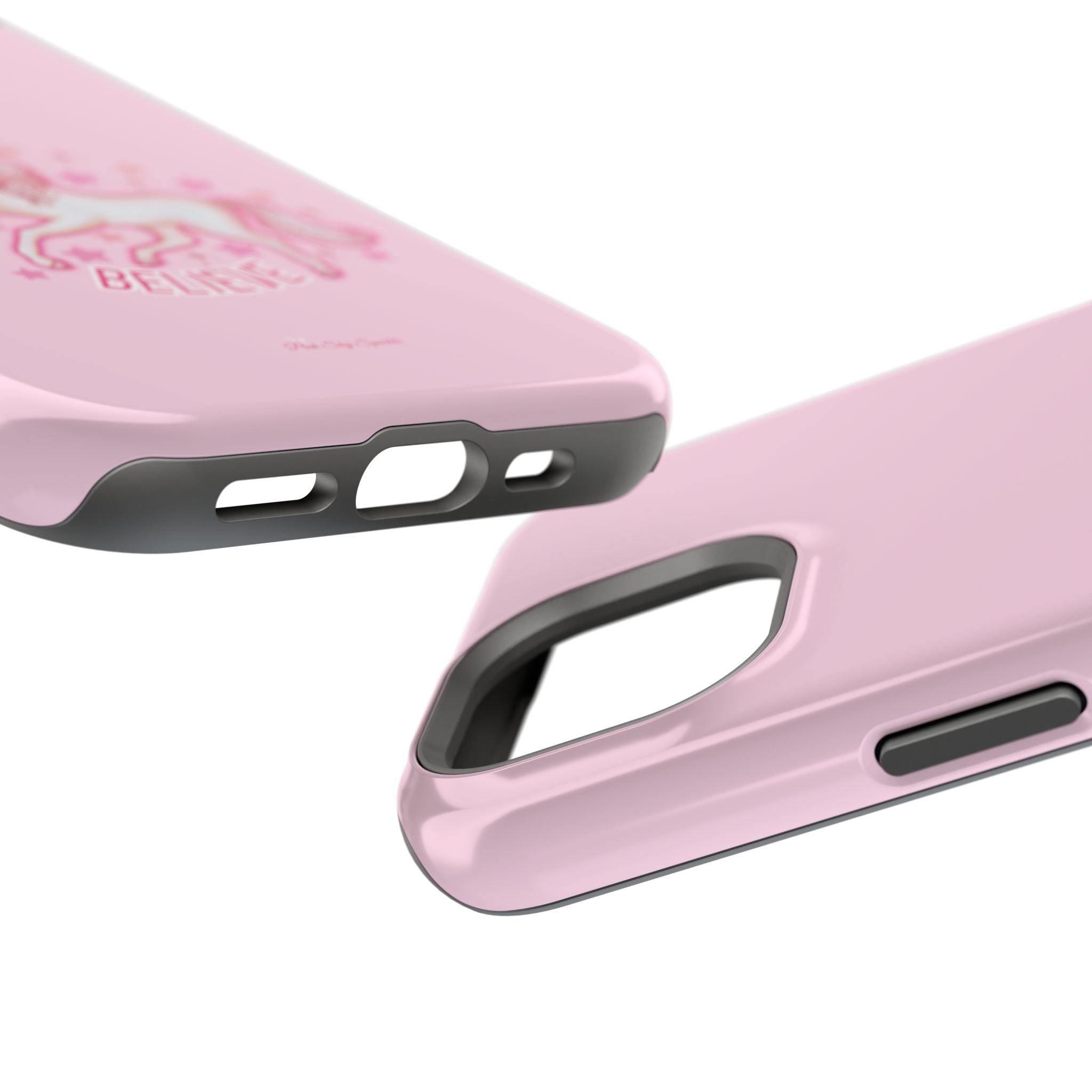 Pink phone case with cutout design on a white background