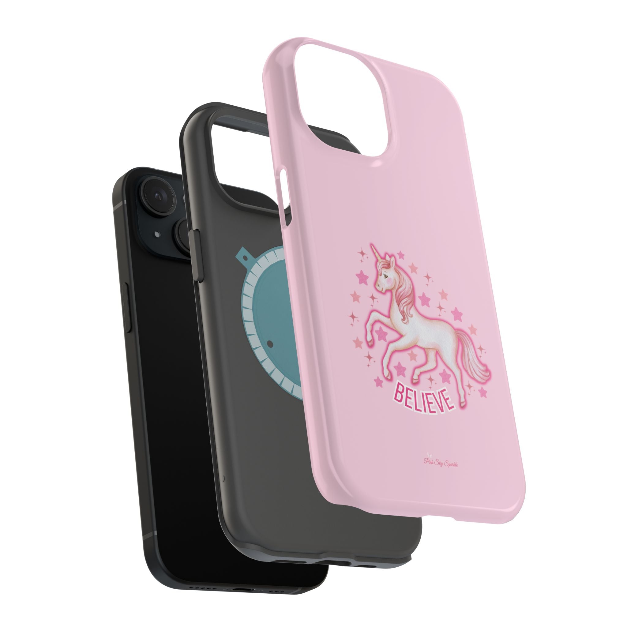 Three phone cases: black, gray, and pink with unicorn design on a white background