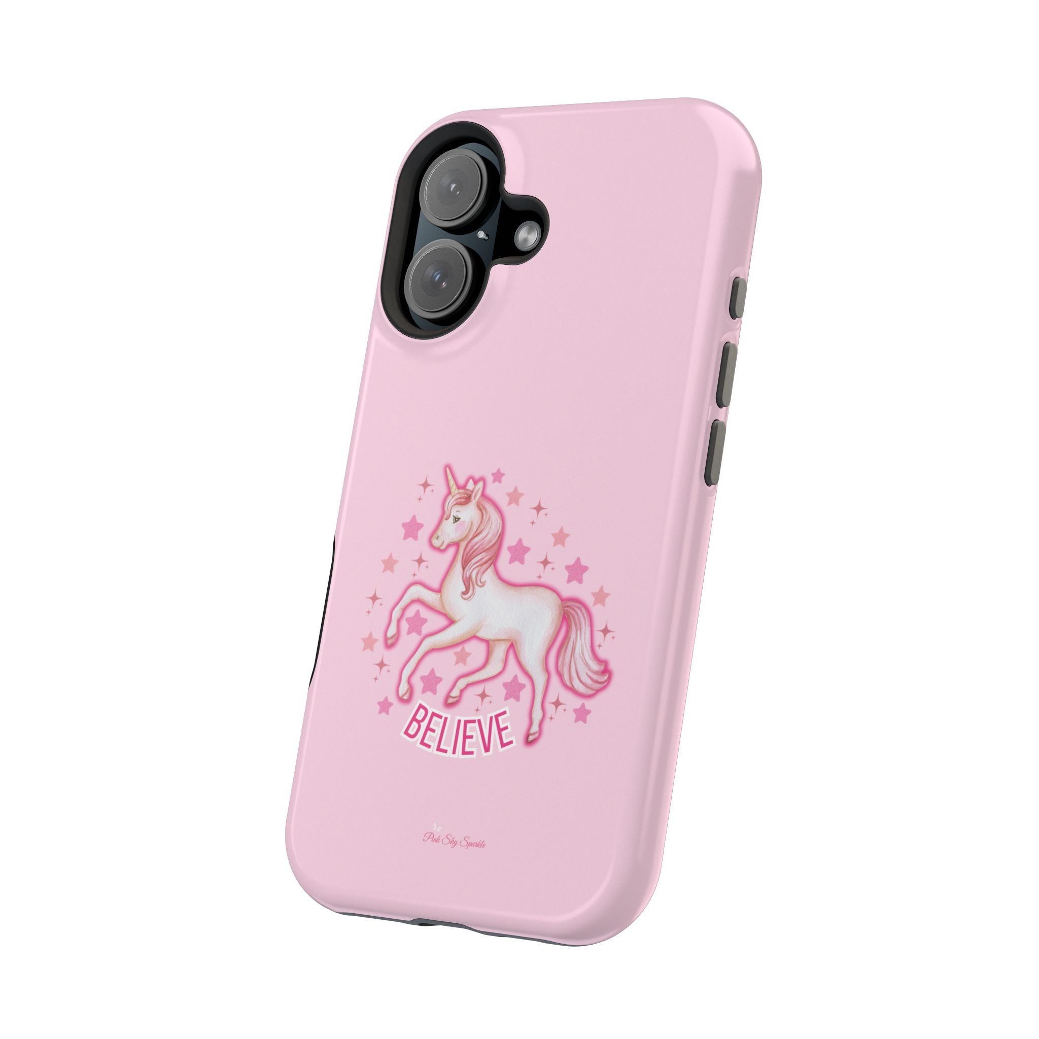 Pink phone case with a unicorn and 'BELIEVE' text on a white background