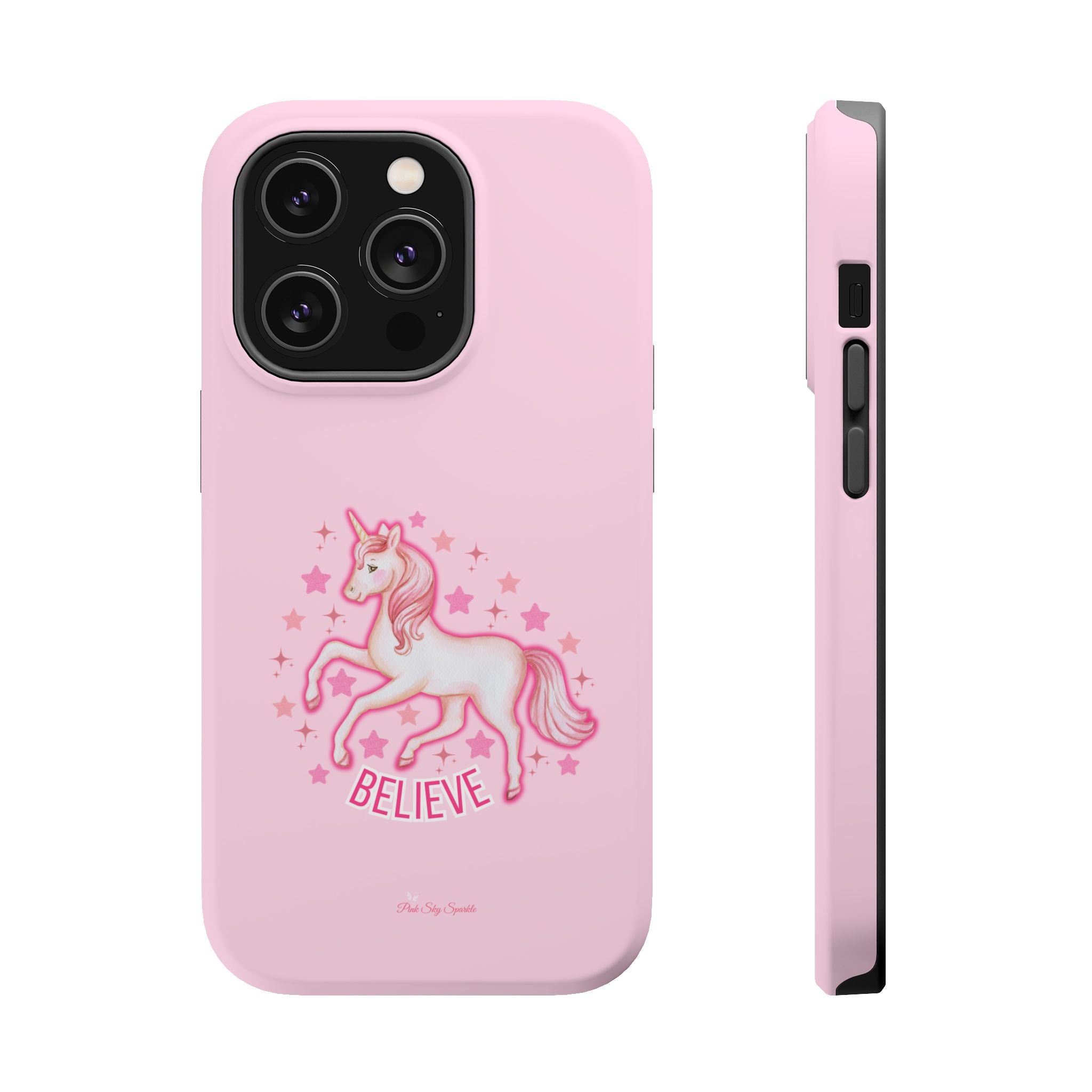 Pink phone case with a unicorn design and 'Believe' text on a white background