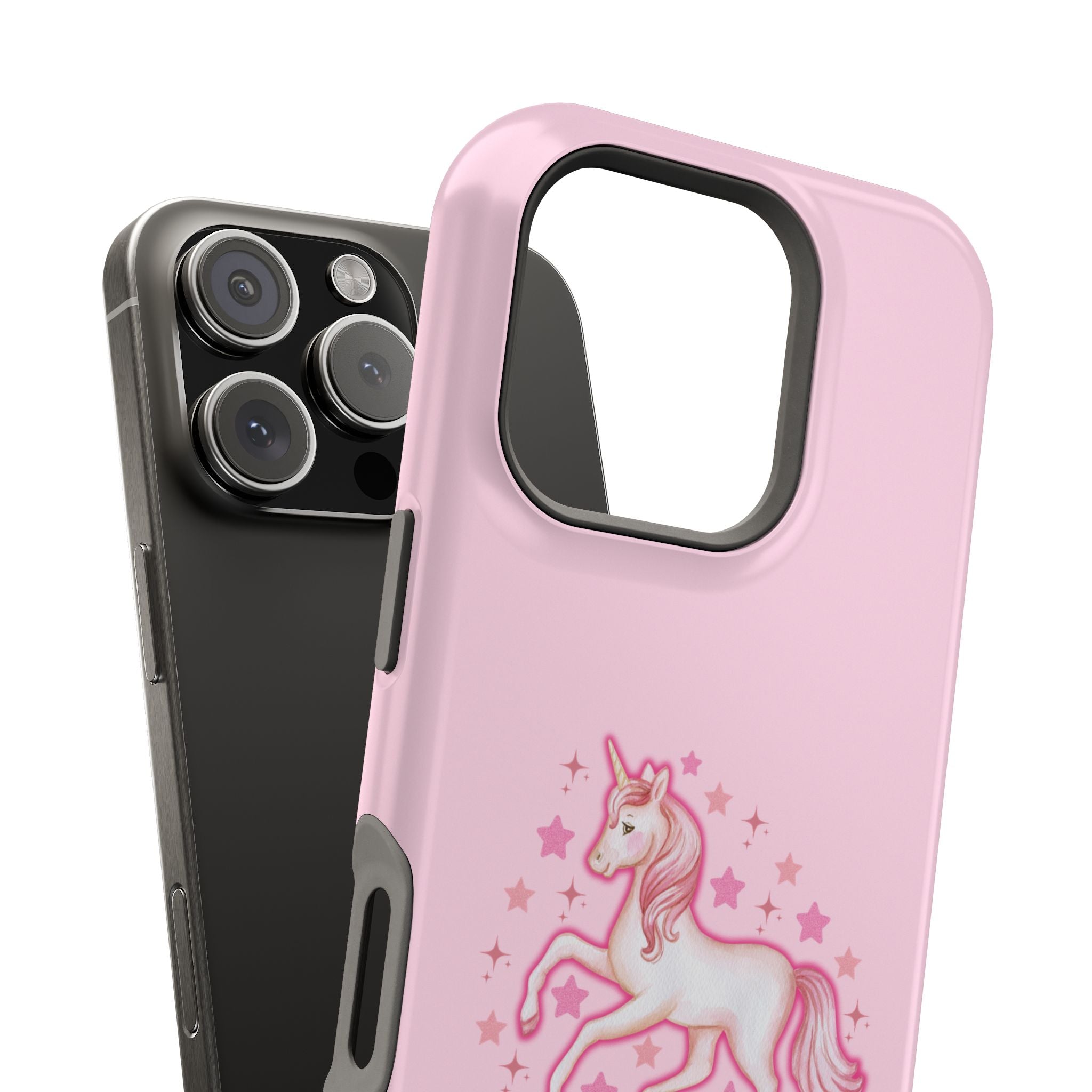 Pink phone case with a unicorn design on a white background