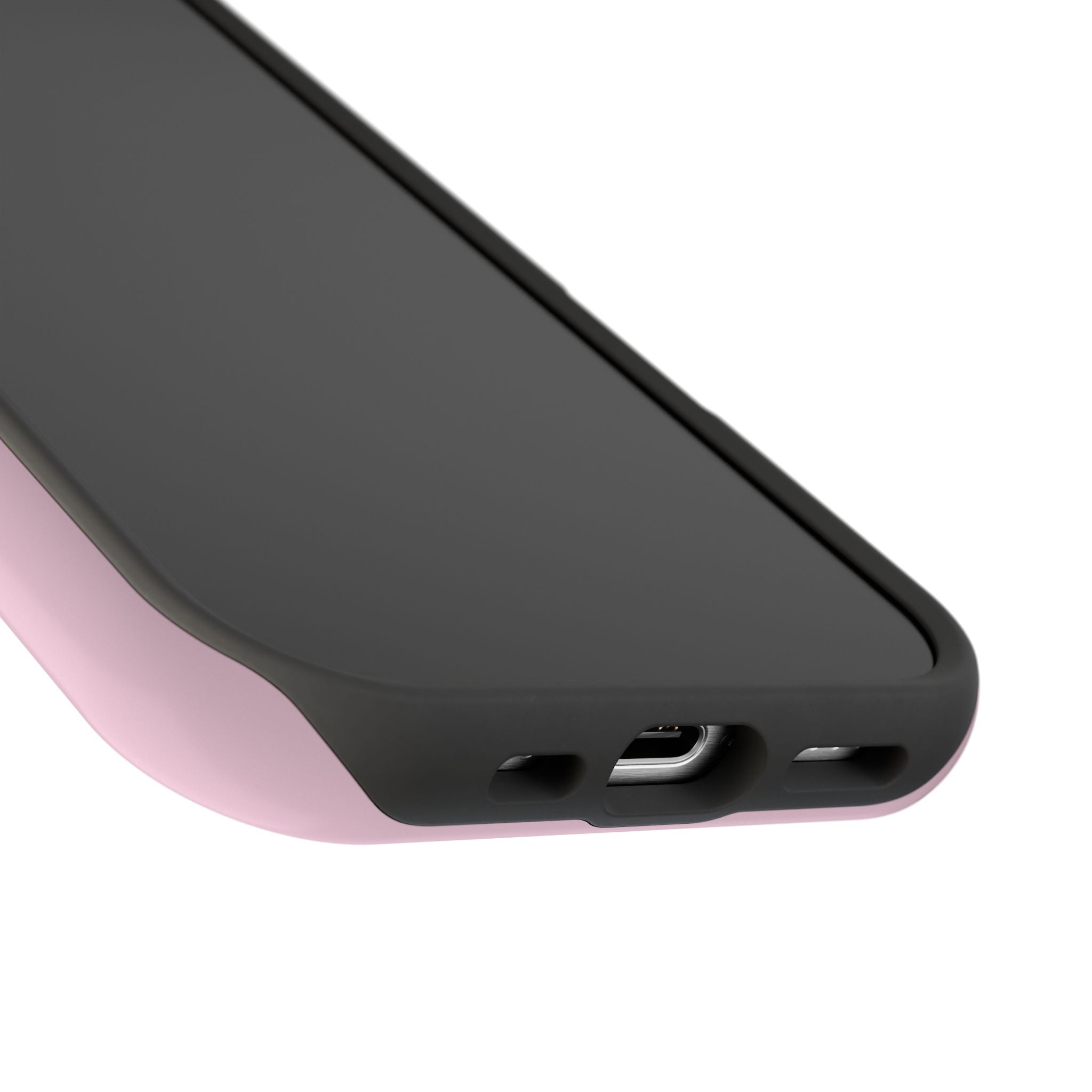 Phone case with black and pink design on a white background