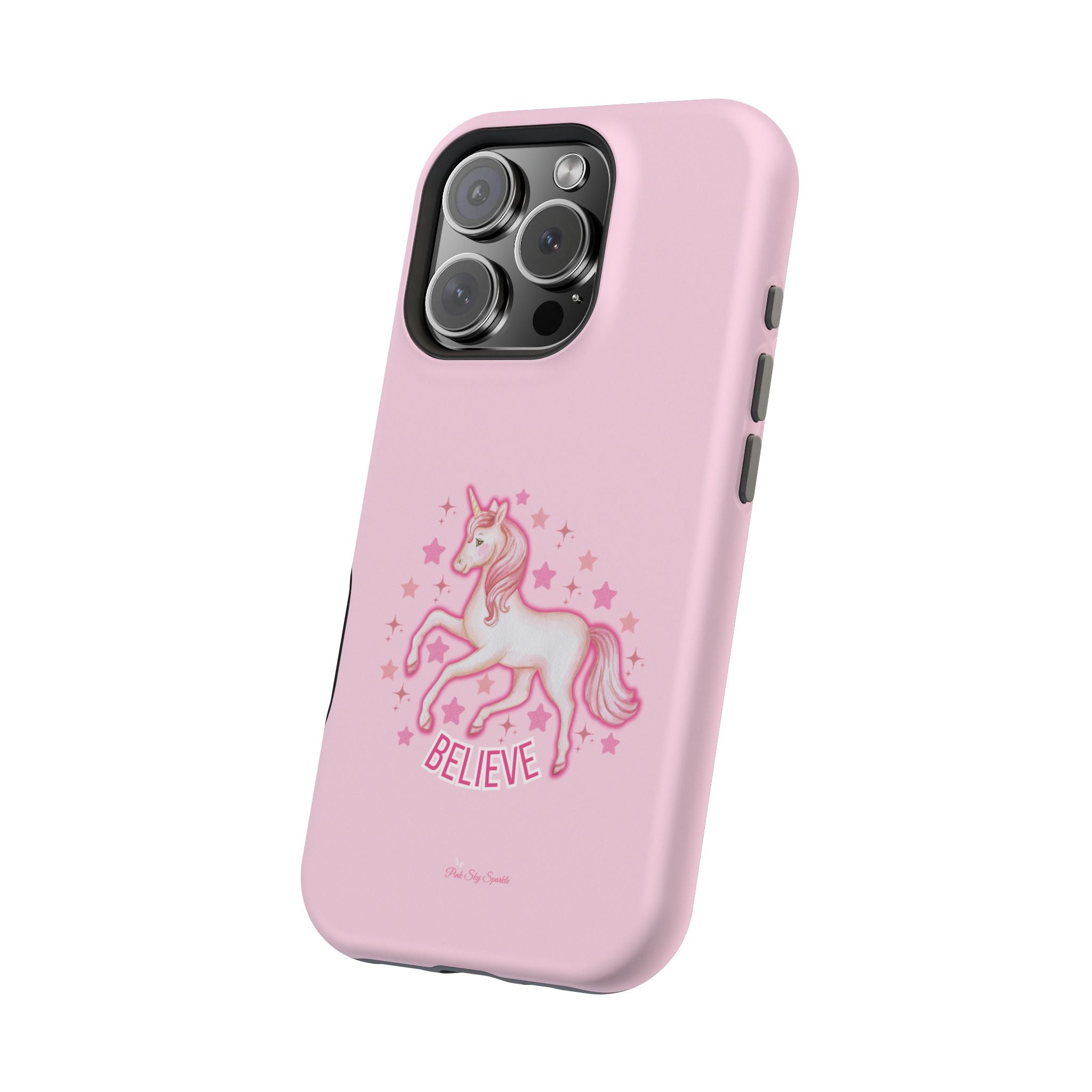 Pink phone case with a unicorn and 'BELIEVE' text on a white background