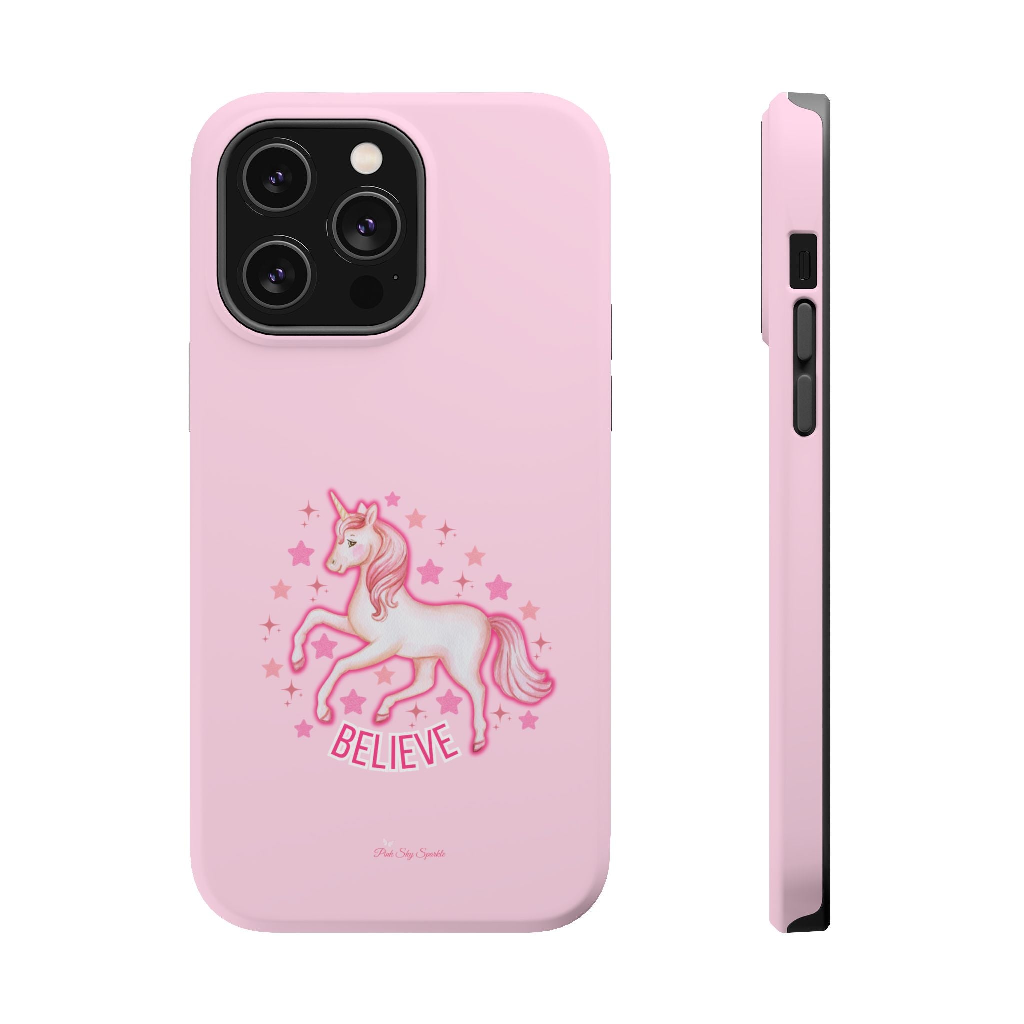 Pink phone case with a unicorn design and 'Believe' text on a white background