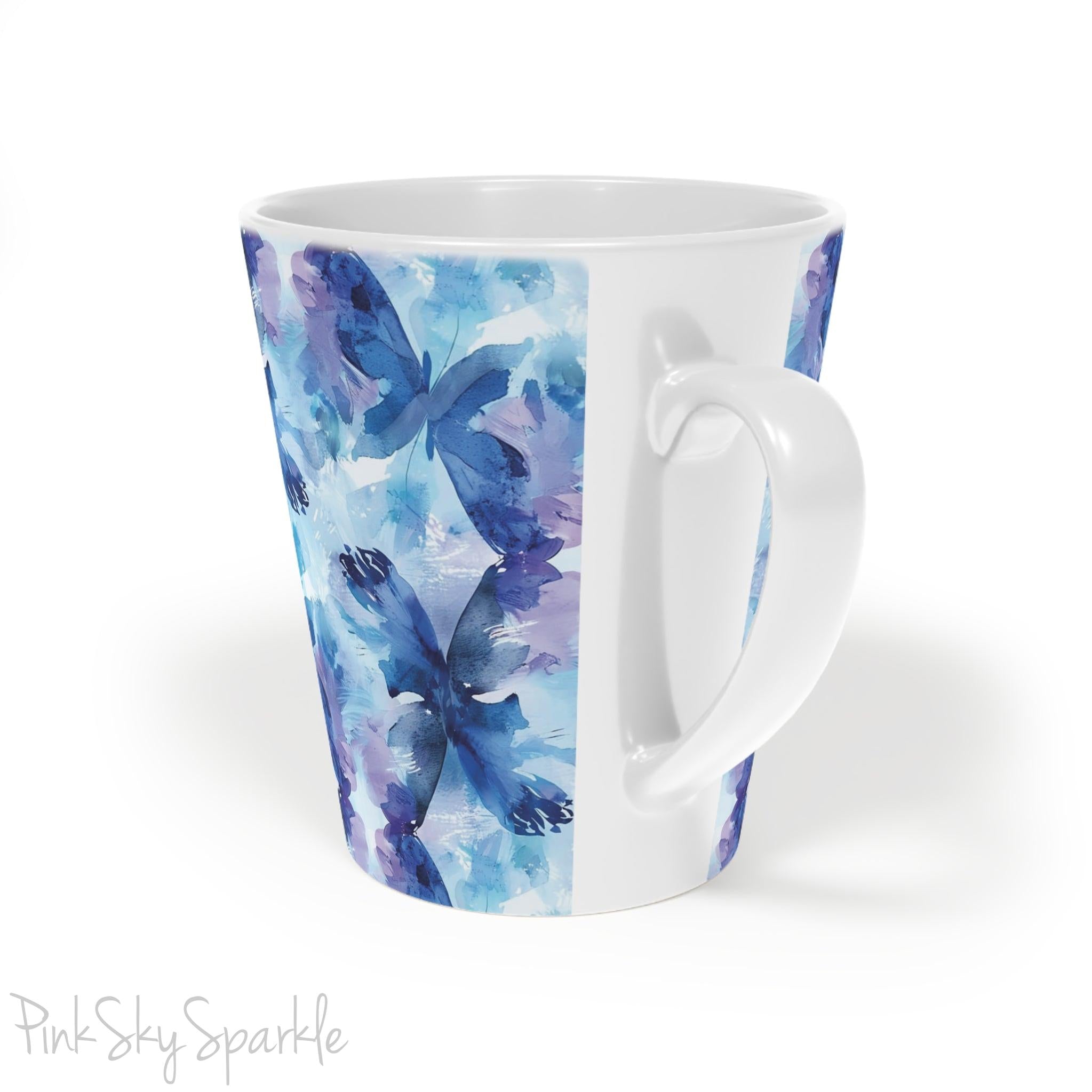 A beautiful 12oz latte mug with a blue and purple abstract watercolor butterfly design.