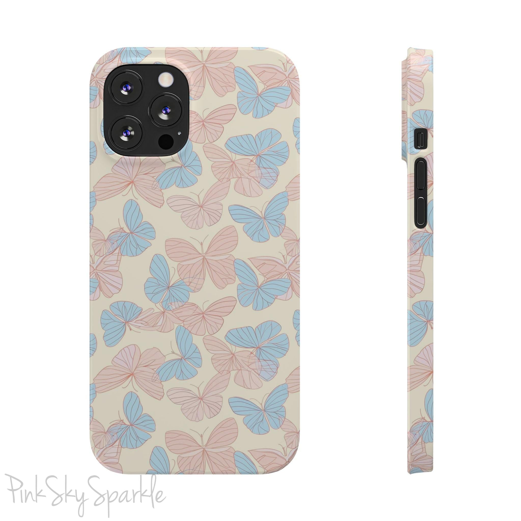 Butterfly Slim iPhone Case. Featuring a neutral background with a pattern of light pink and light blue butterflies.