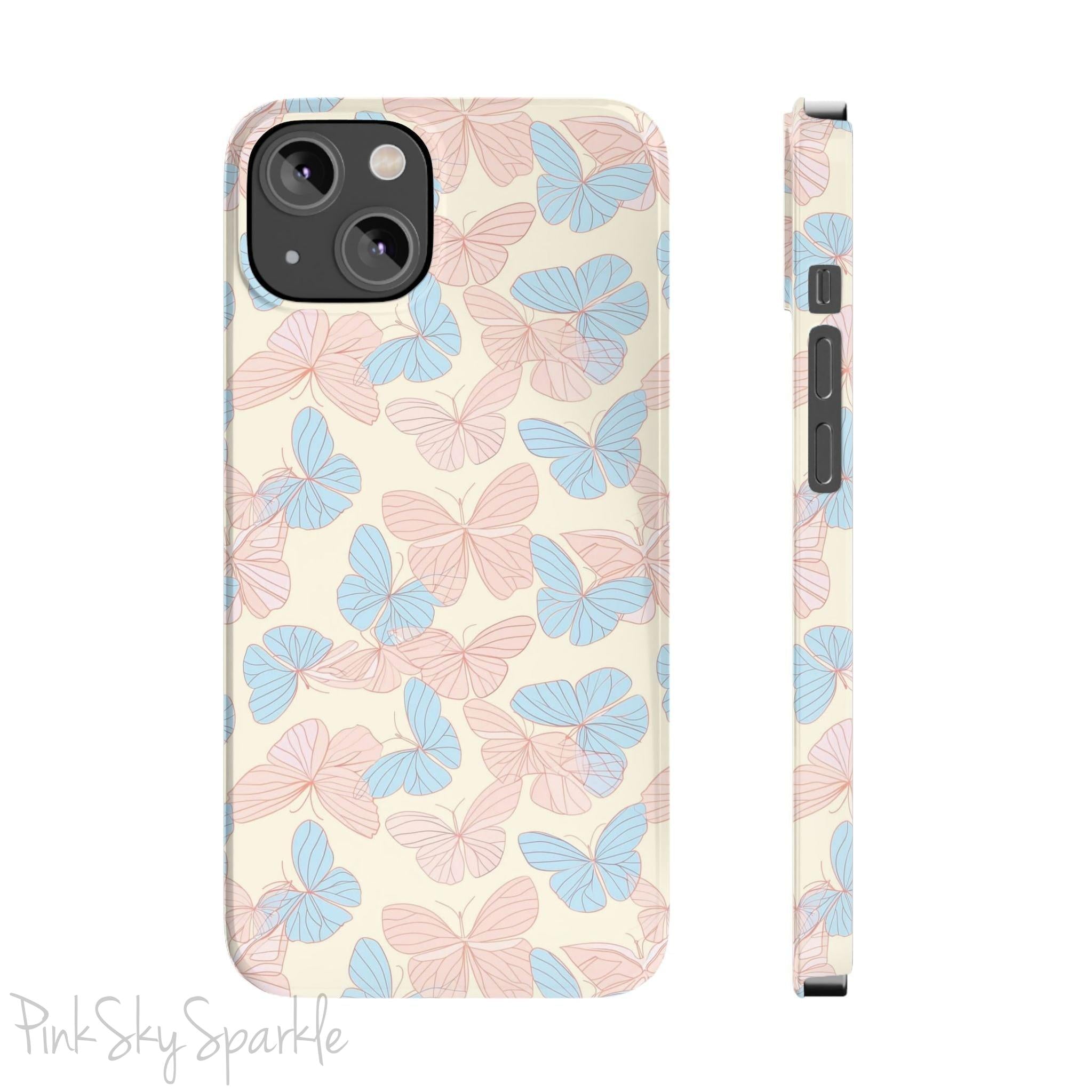Butterfly Slim iPhone Case. Featuring a neutral background with a pattern of light pink and light blue butterflies.