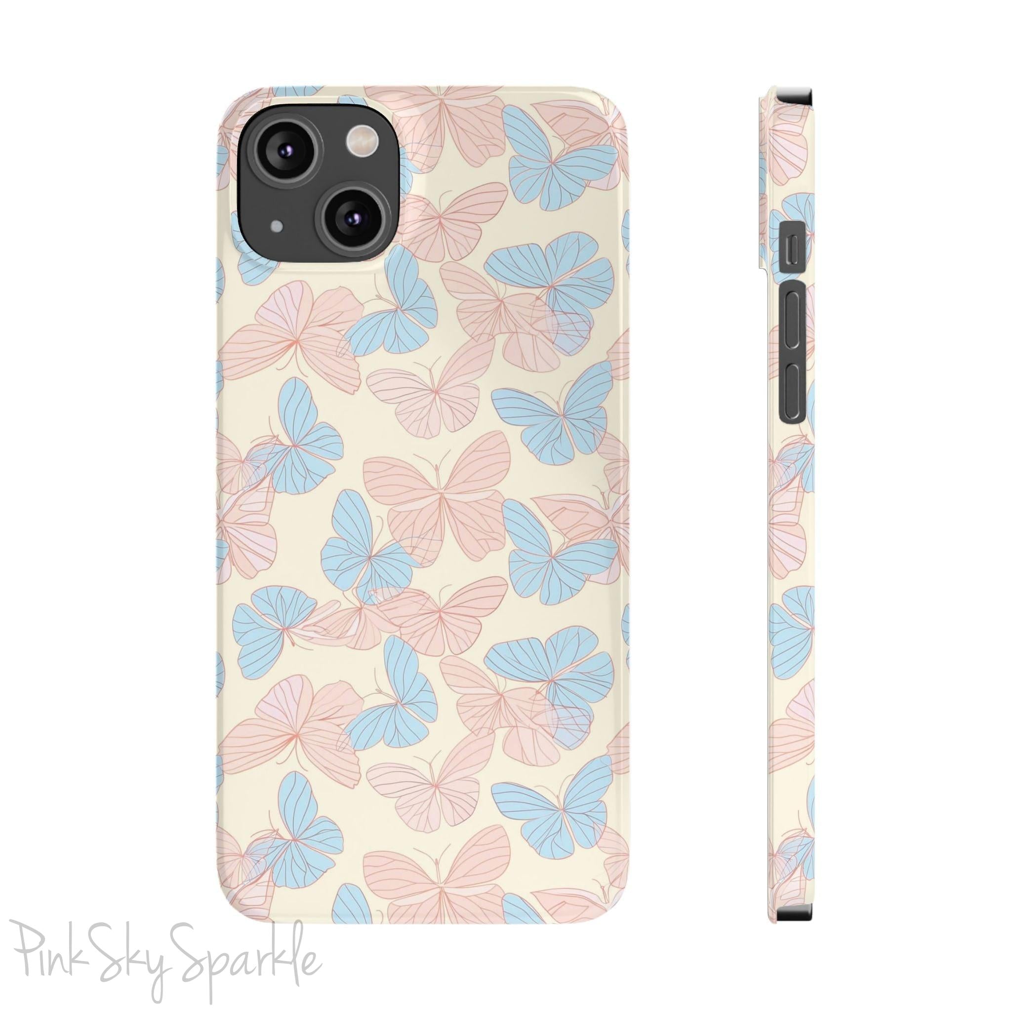 Butterfly Slim iPhone Case. Featuring a neutral background with a pattern of light pink and light blue butterflies.