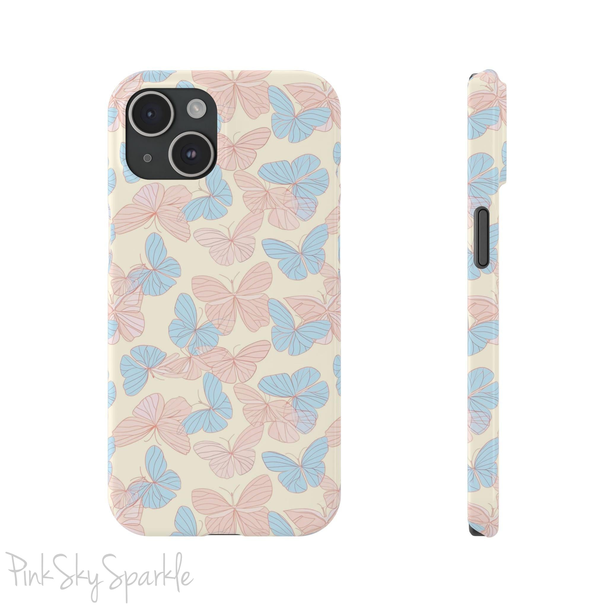Butterfly Slim iPhone Case. Featuring a neutral background with a pattern of light pink and light blue butterflies.