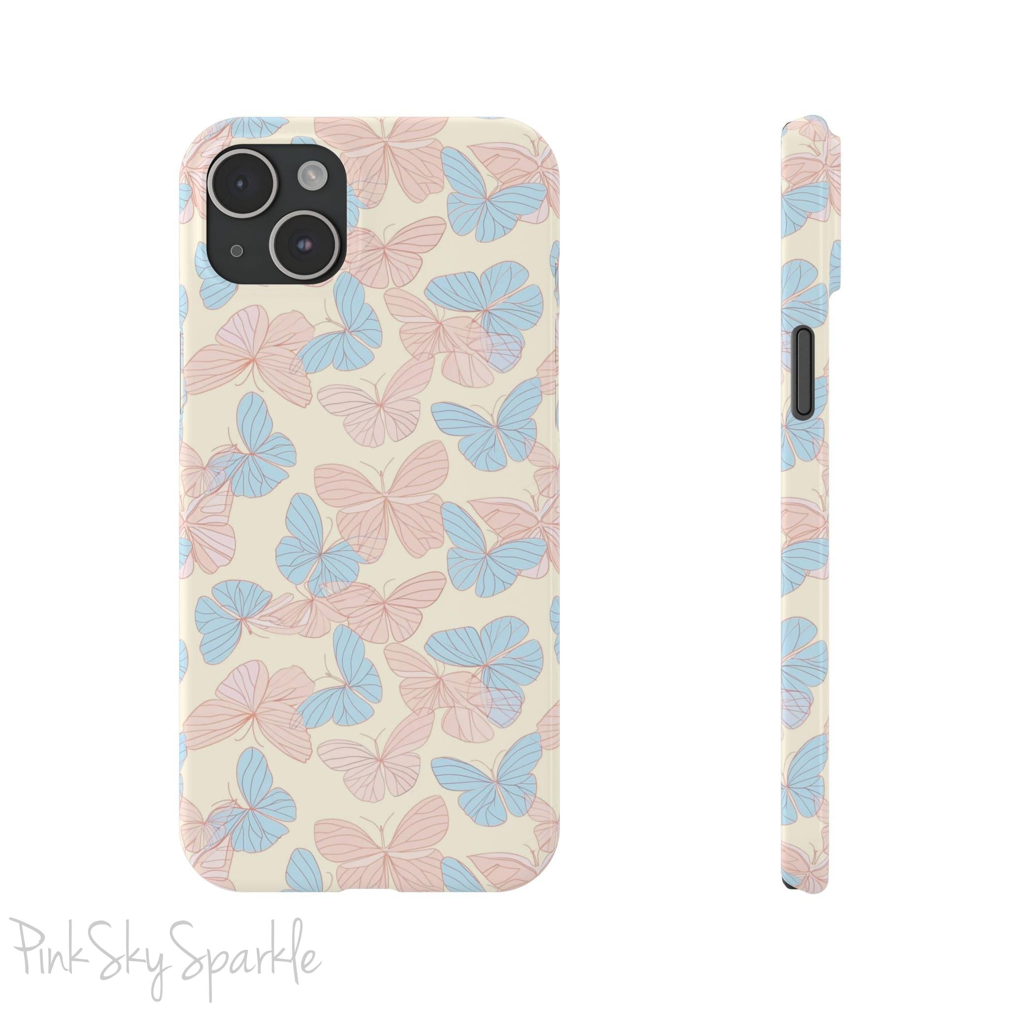 Butterfly Slim iPhone Case. Featuring a neutral background with a pattern of light pink and light blue butterflies.