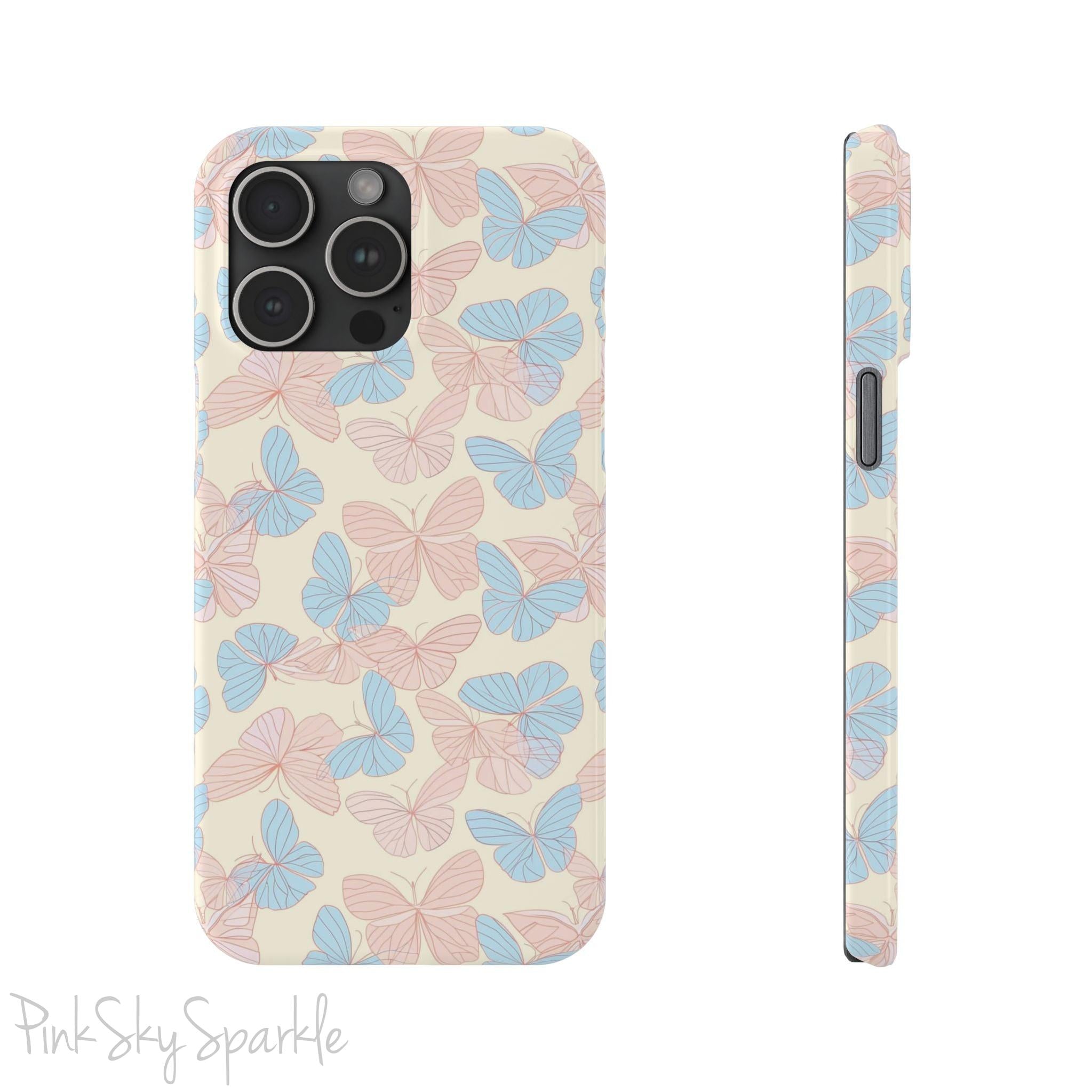Butterfly Slim iPhone Case. Featuring a neutral background with a pattern of light pink and light blue butterflies.