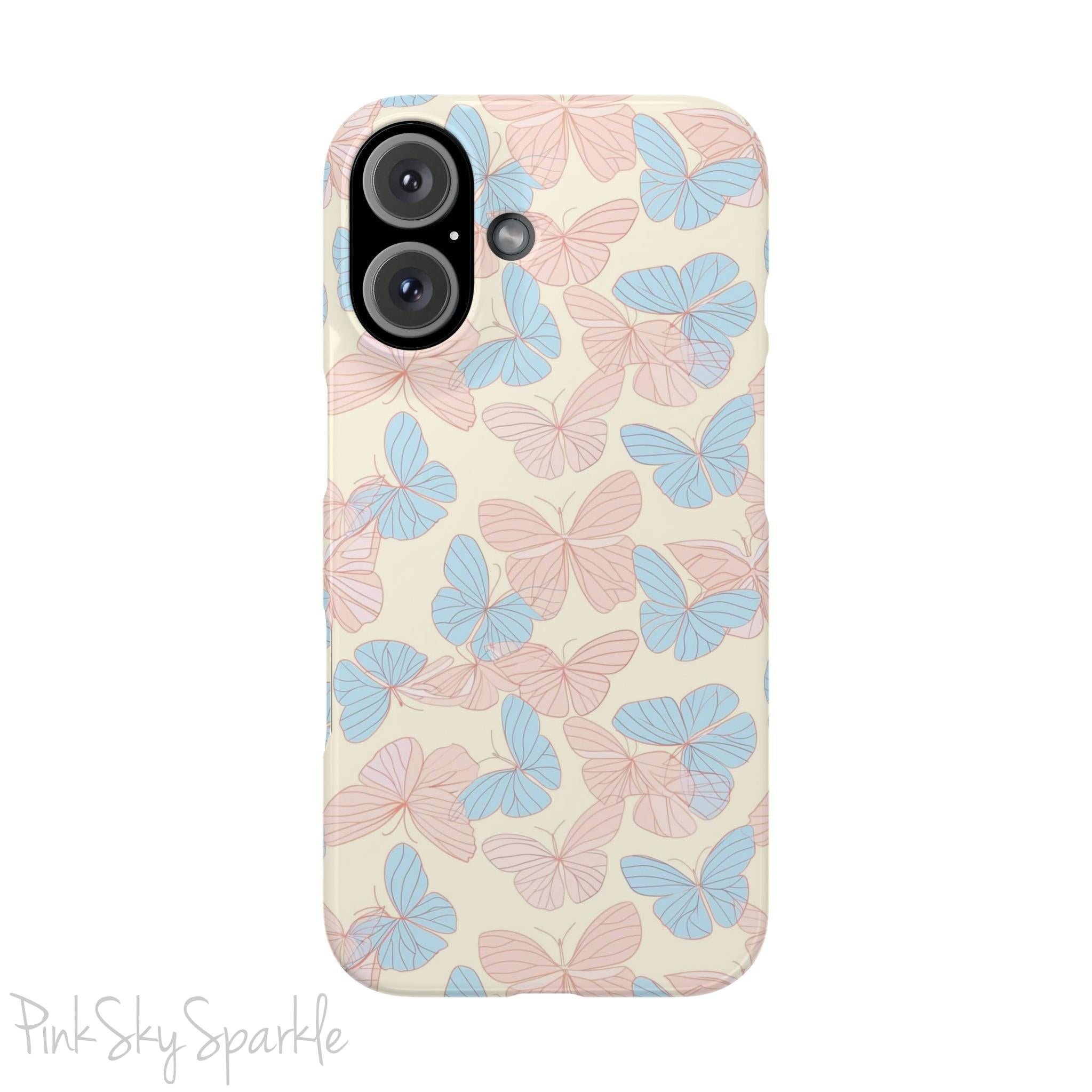 Butterfly Slim iPhone Case. Featuring a neutral background with a pattern of light pink and light blue butterflies.