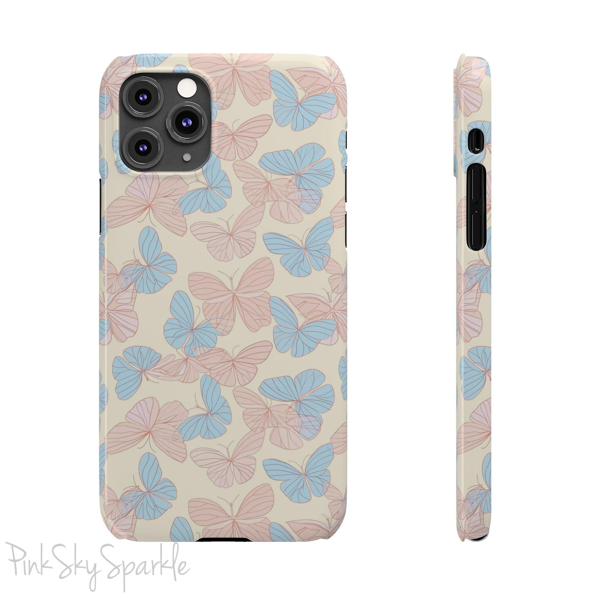 Butterfly Slim iPhone Case. Featuring a neutral background with a pattern of light pink and light blue butterflies.