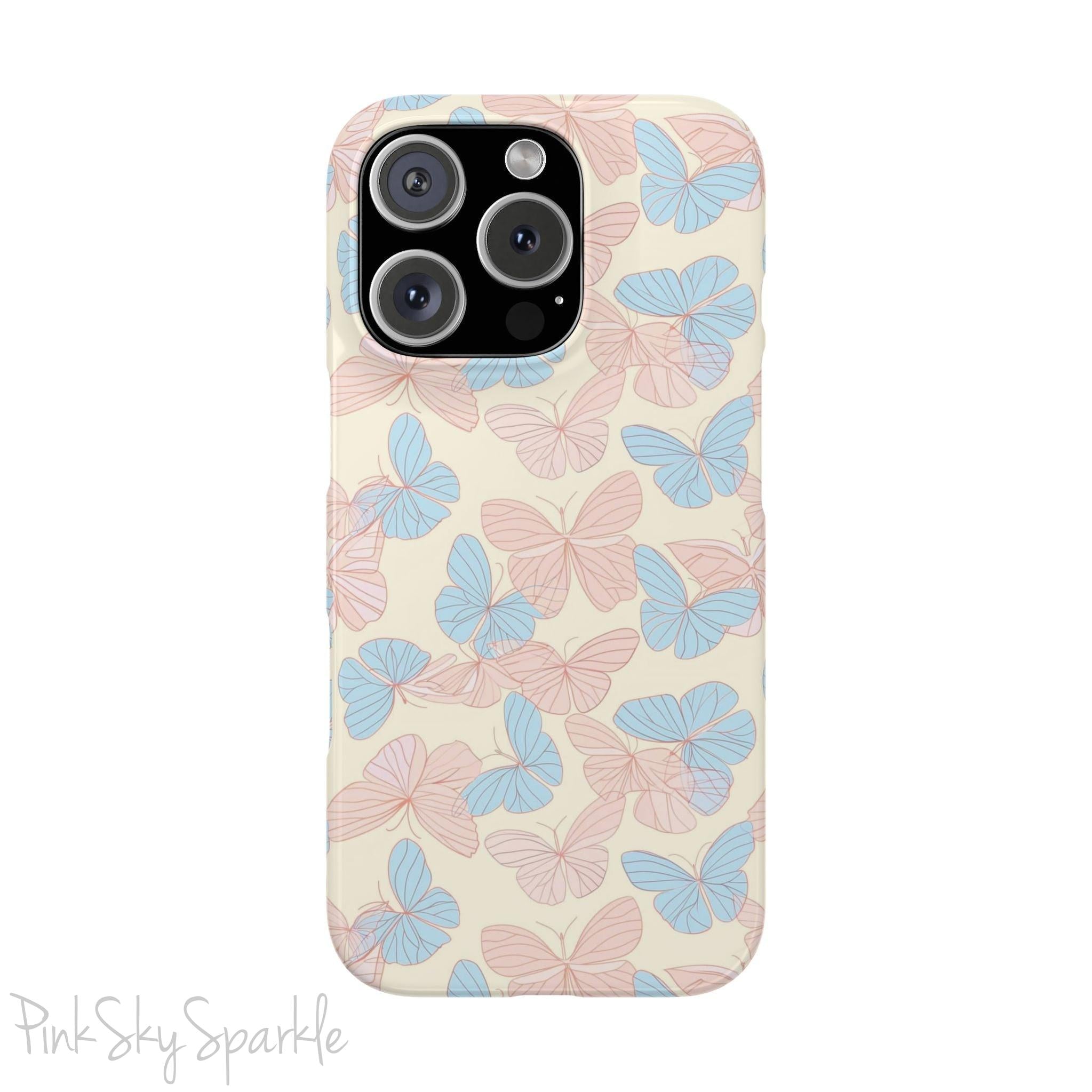 Butterfly Slim iPhone Case. Featuring a neutral background with a pattern of light pink and light blue butterflies.