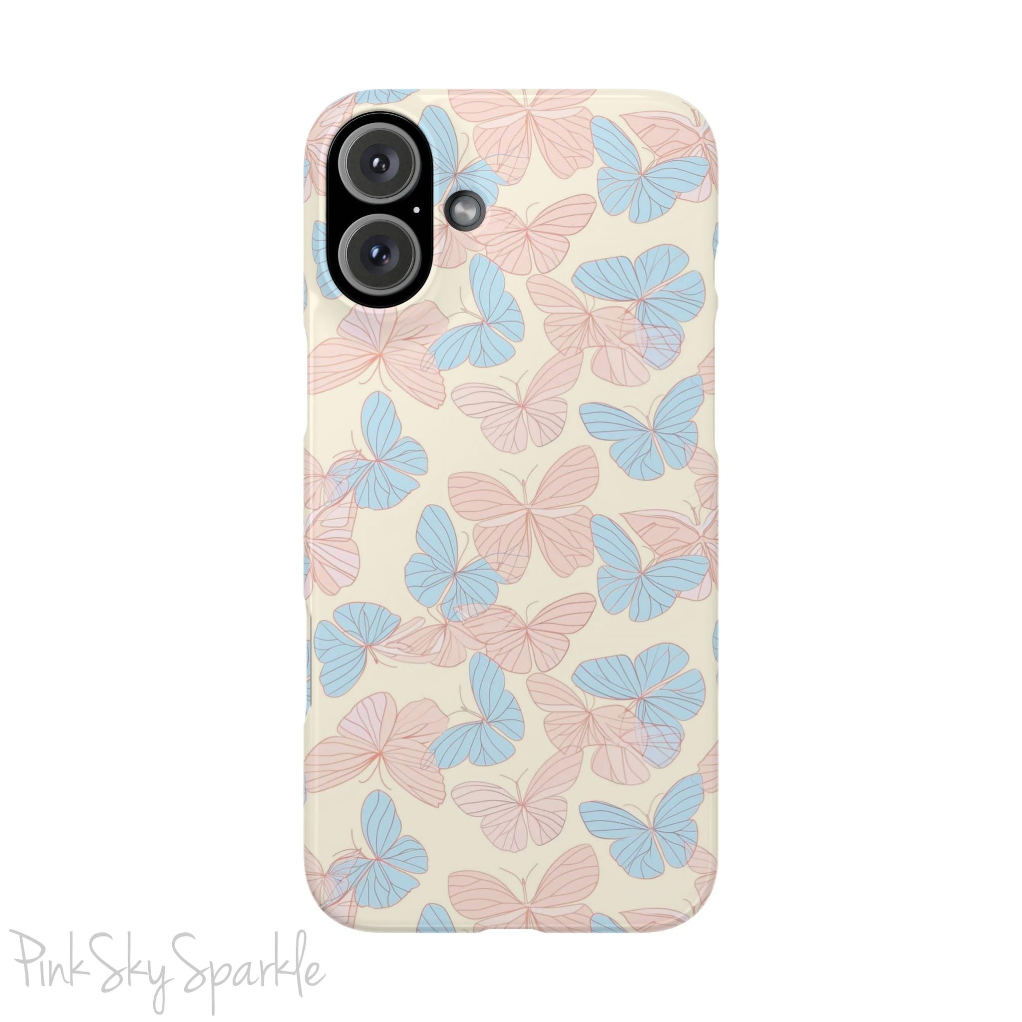 Butterfly Slim iPhone Case. Featuring a neutral background with a pattern of light pink and light blue butterflies.