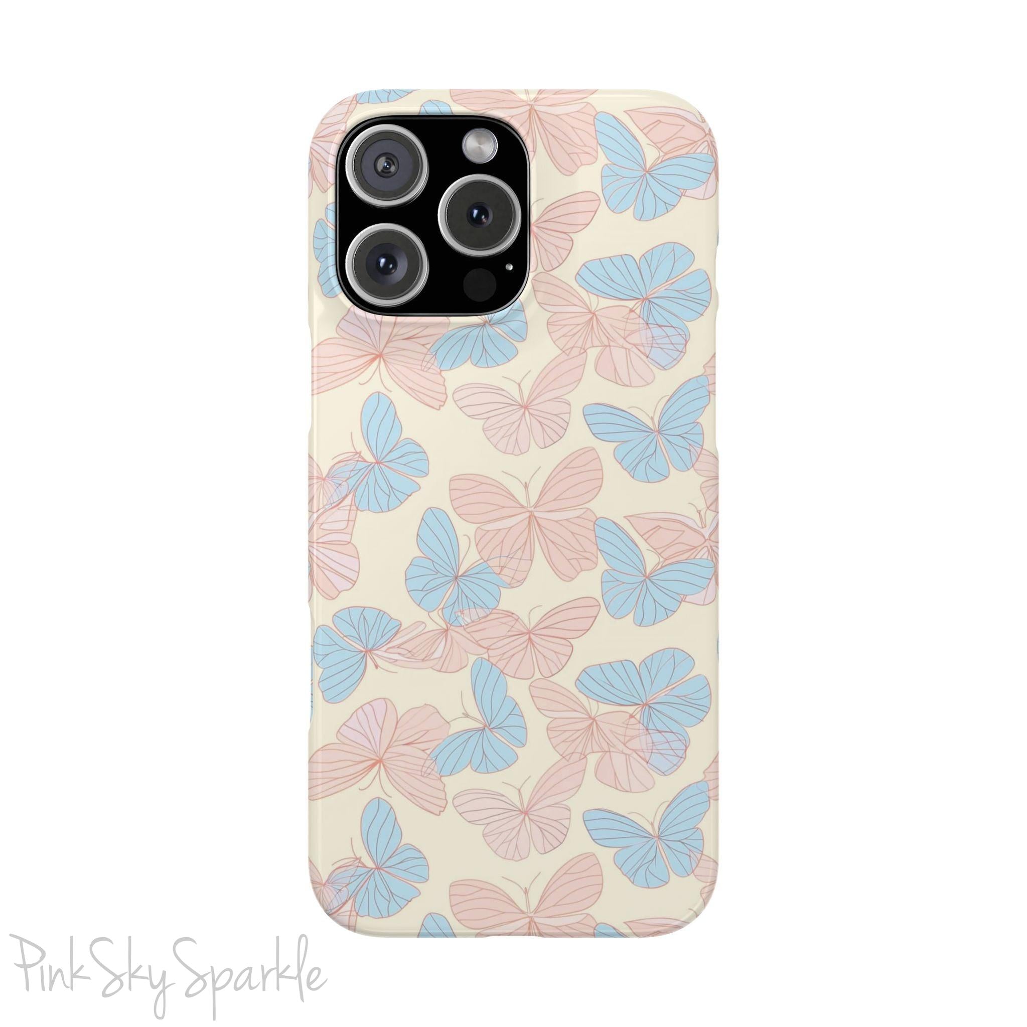 Butterfly Slim iPhone Case. Featuring a neutral background with a pattern of light pink and light blue butterflies.
