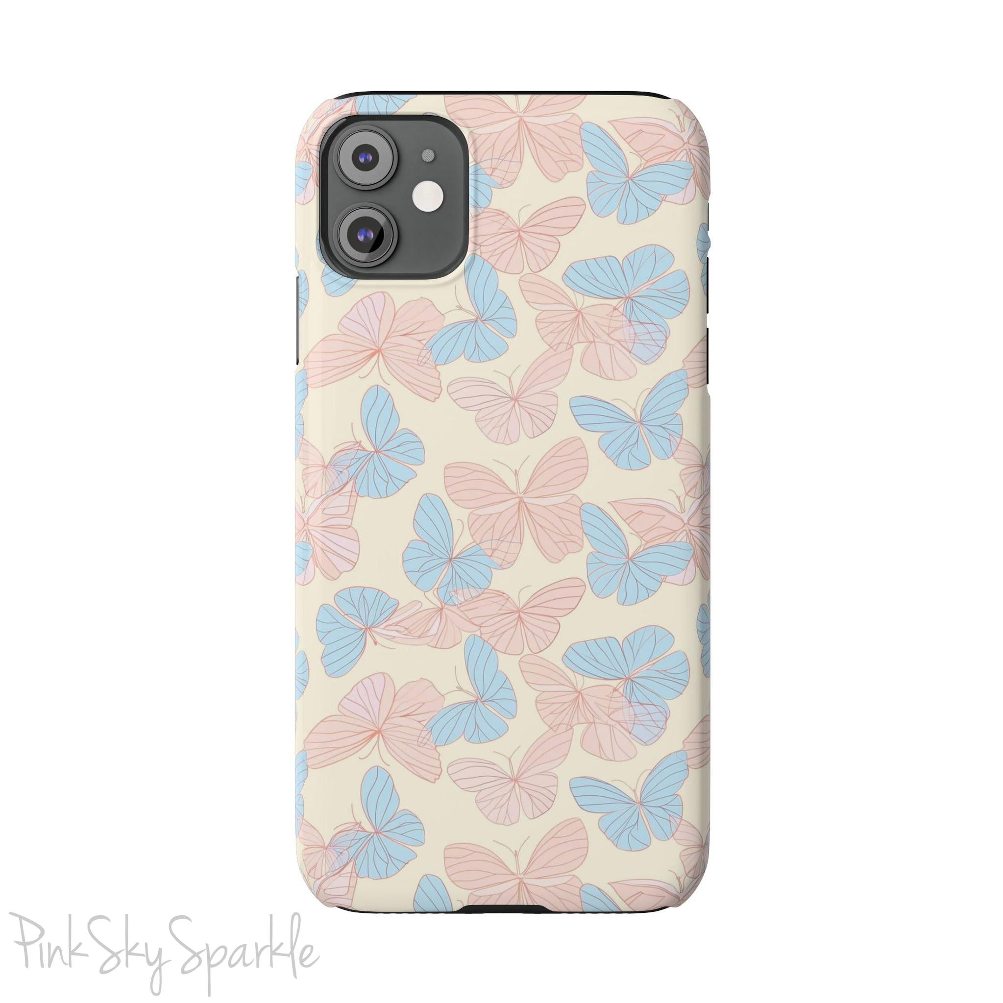 Butterfly Slim iPhone Case. Featuring a neutral background with a pattern of light pink and light blue butterflies.