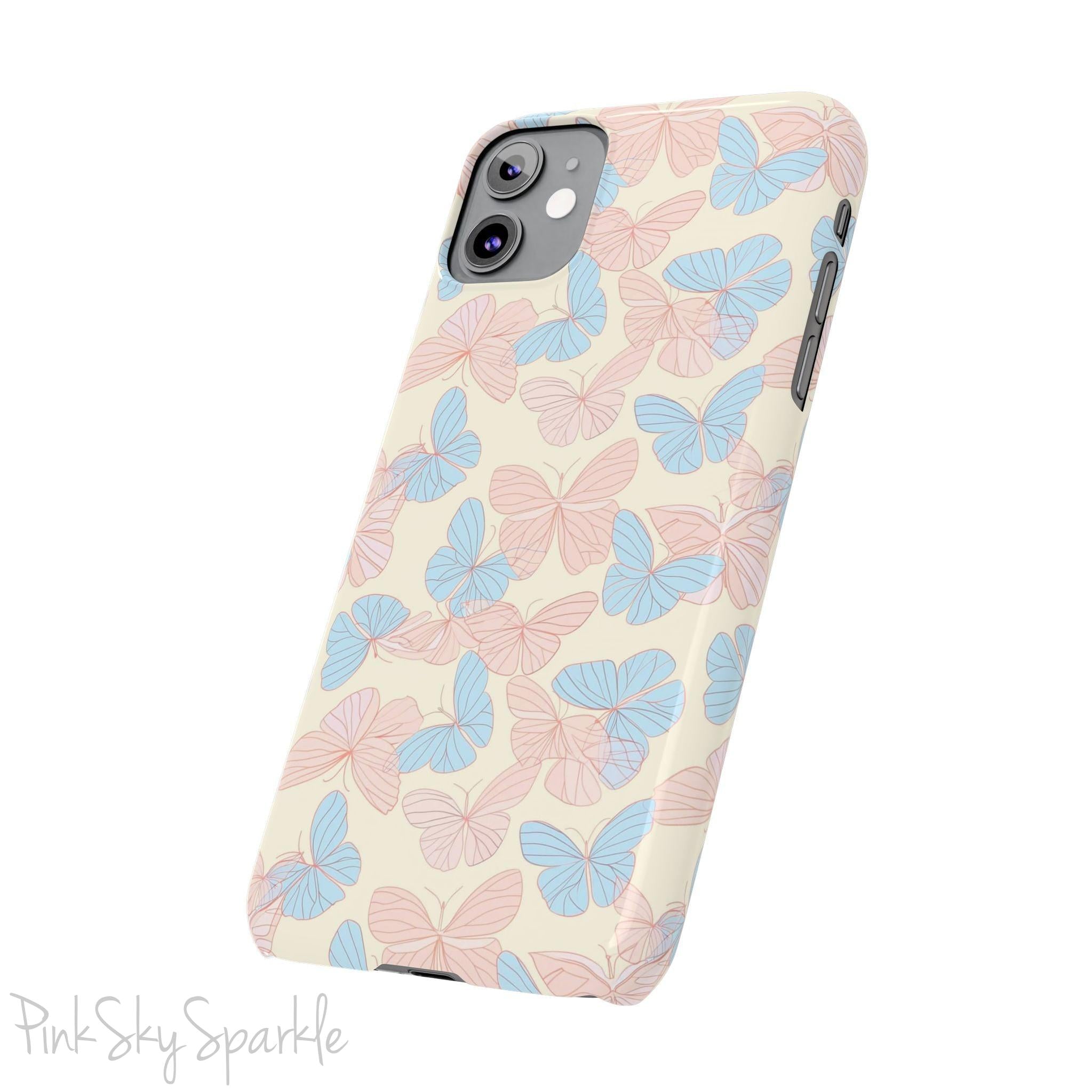 Butterfly Slim iPhone Case. Featuring a neutral background with a pattern of light pink and light blue butterflies.