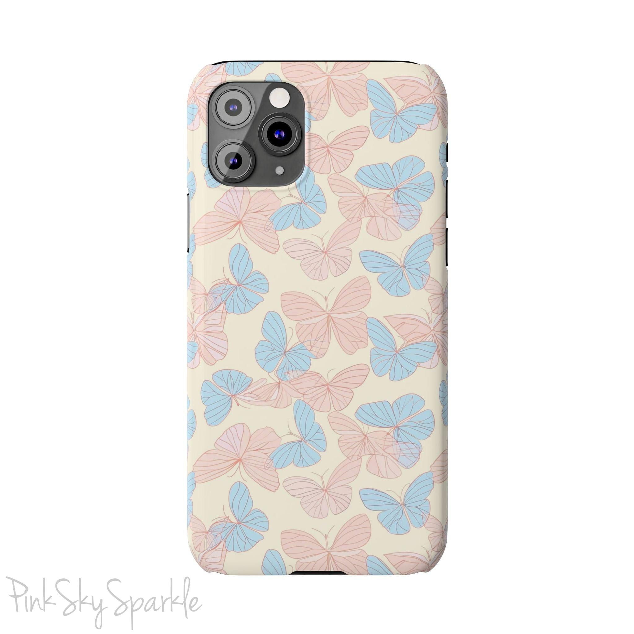 Butterfly Slim iPhone Case. Featuring a neutral background with a pattern of light pink and light blue butterflies.