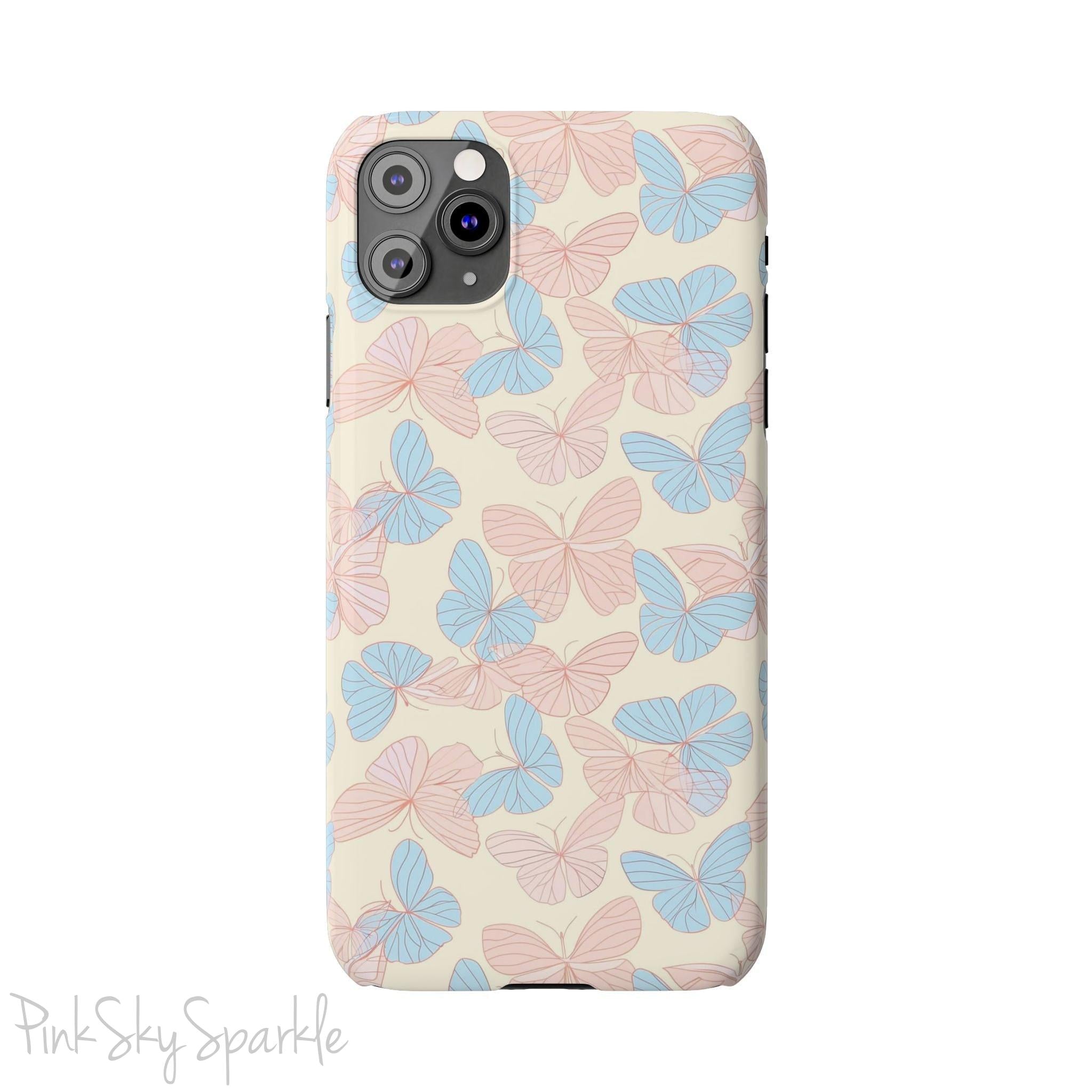 Butterfly Slim iPhone Case. Featuring a neutral background with a pattern of light pink and light blue butterflies.