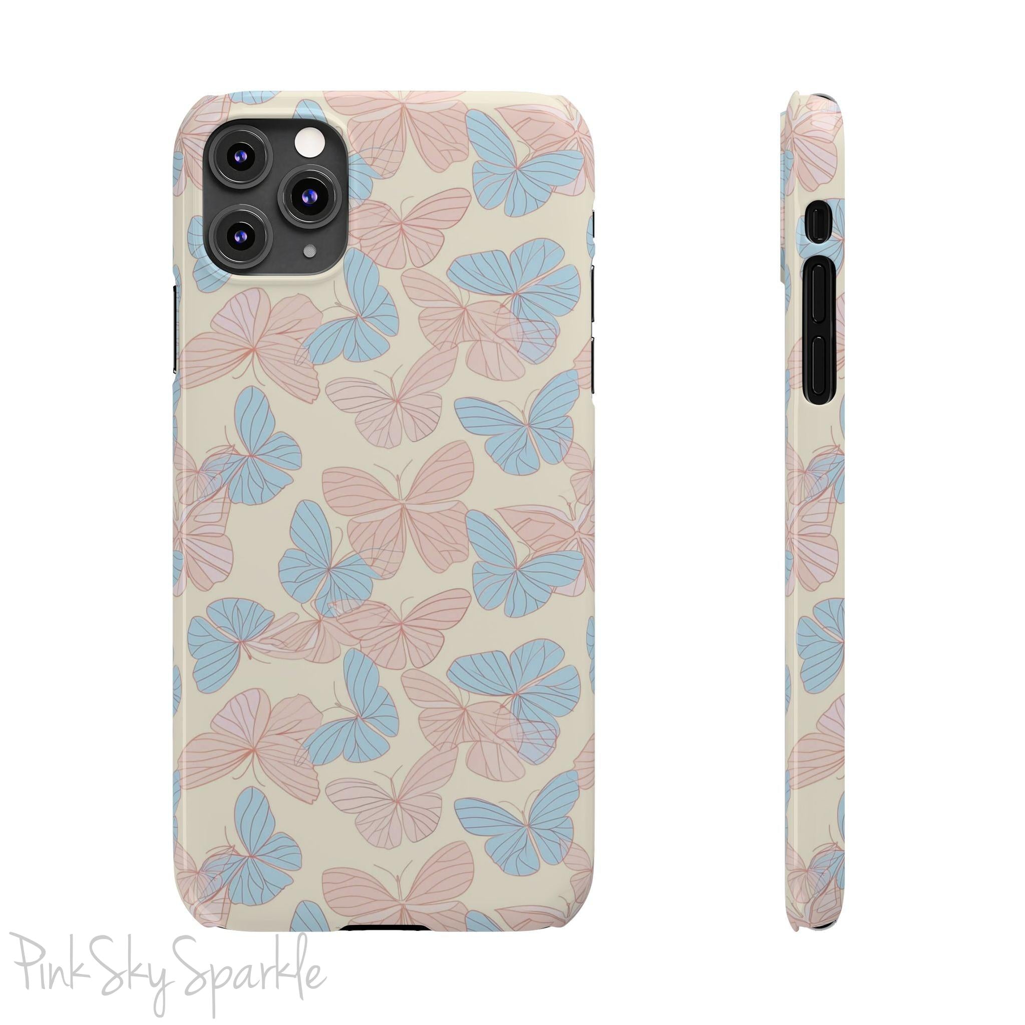 Butterfly Slim iPhone Case. Featuring a neutral background with a pattern of light pink and light blue butterflies.